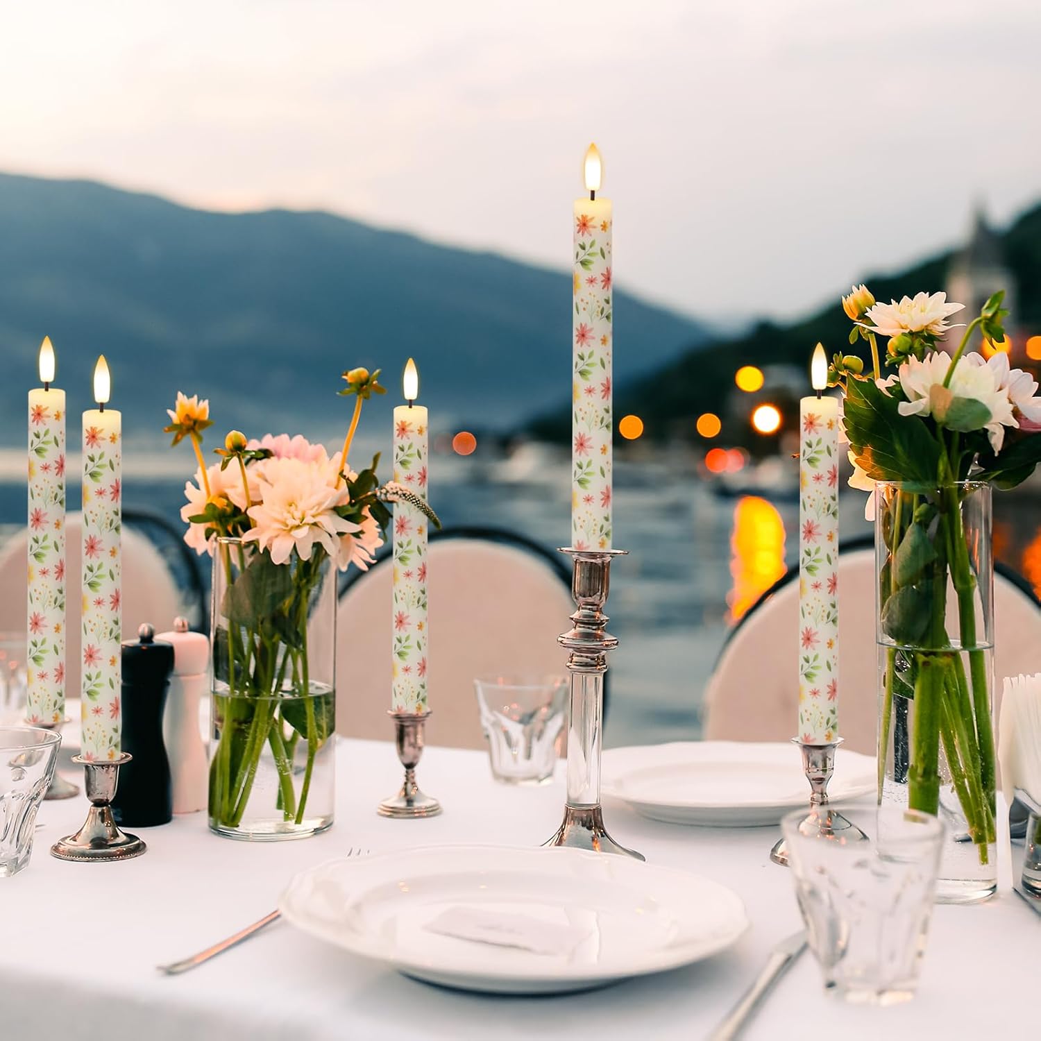 Flameless Taper Candles With Remote, 4 Pcs Spring Led Taper Candles Battery Operated, Real Wax Flameless Candlesticks With Flowers Decals For Spring Wedding Home Decor(0.75” X 9.65”)