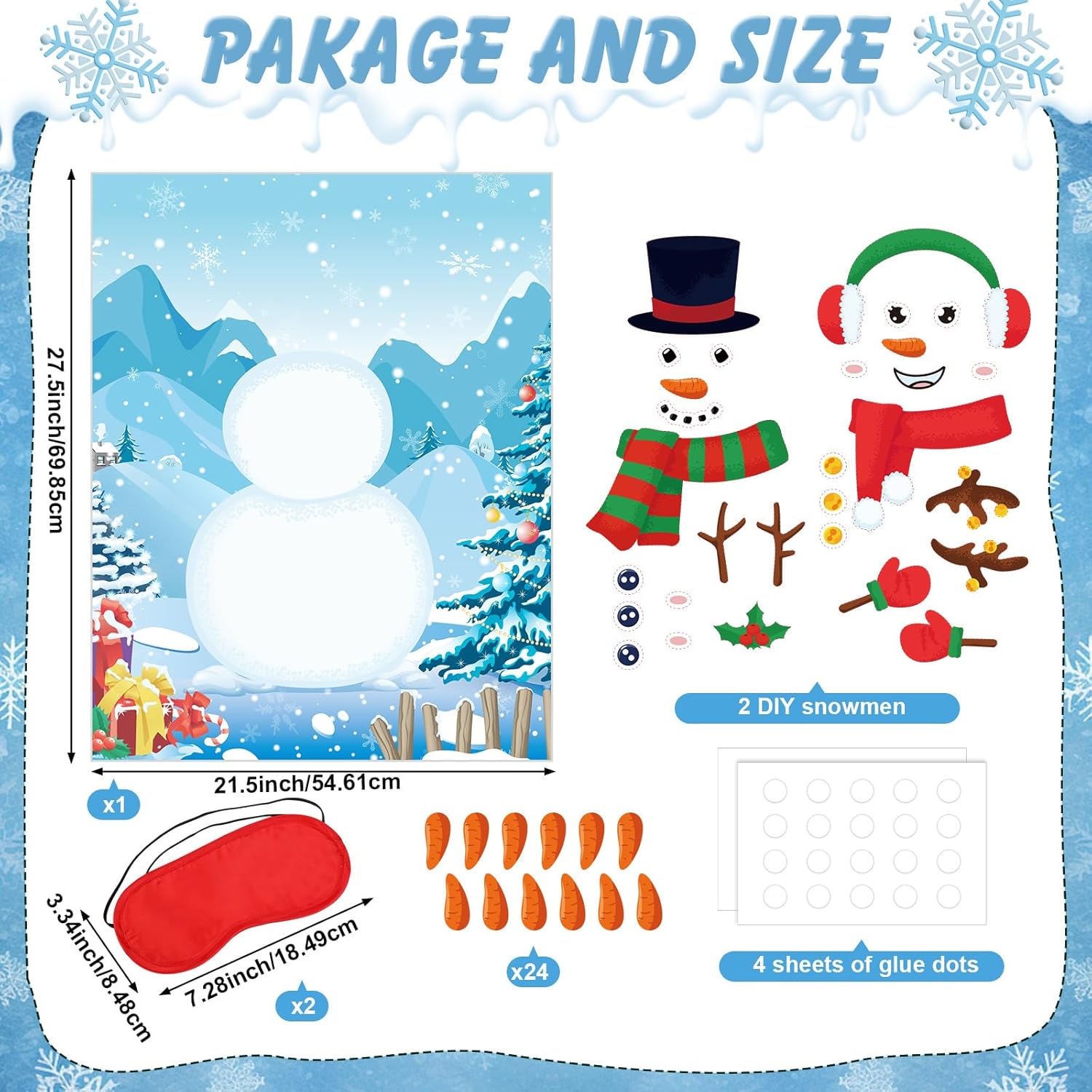 Christmas Pin Games Reusable Pin The Nose On Snowman Game Set Include 2 Diy Snowman 1 Xmas Poster 24 Carrot Nose Stickers 2 Blindfold For Winter Holiday Party Game Activities Supplies