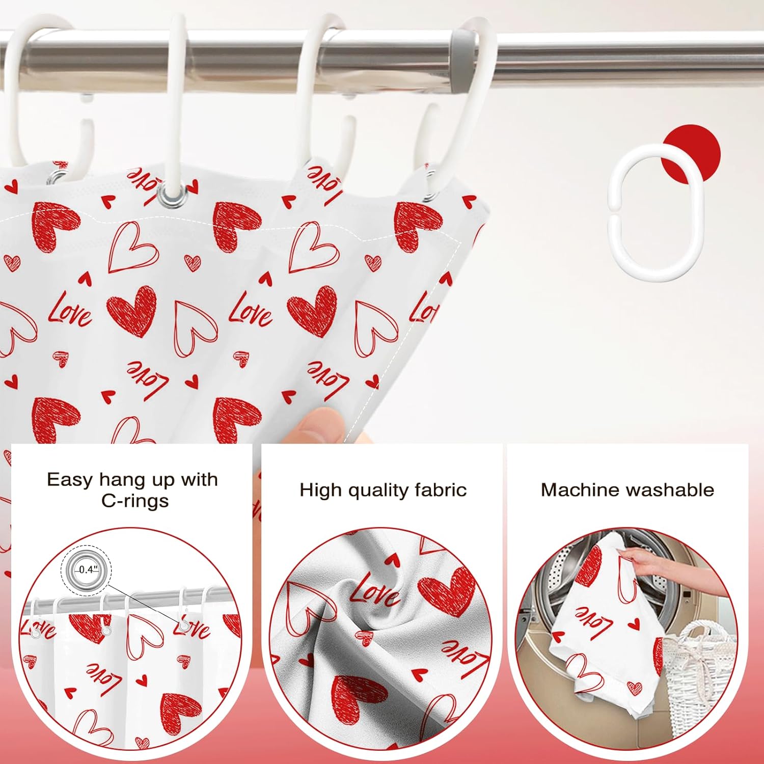 Valentines Shower Curtain Red Heart Shower Curtain For Valentines Day Bath Decorations Sweet Love Bath Curtain With 12 Hooks, 72 X 72 Inch Waterproof Fabric Bath Curtain