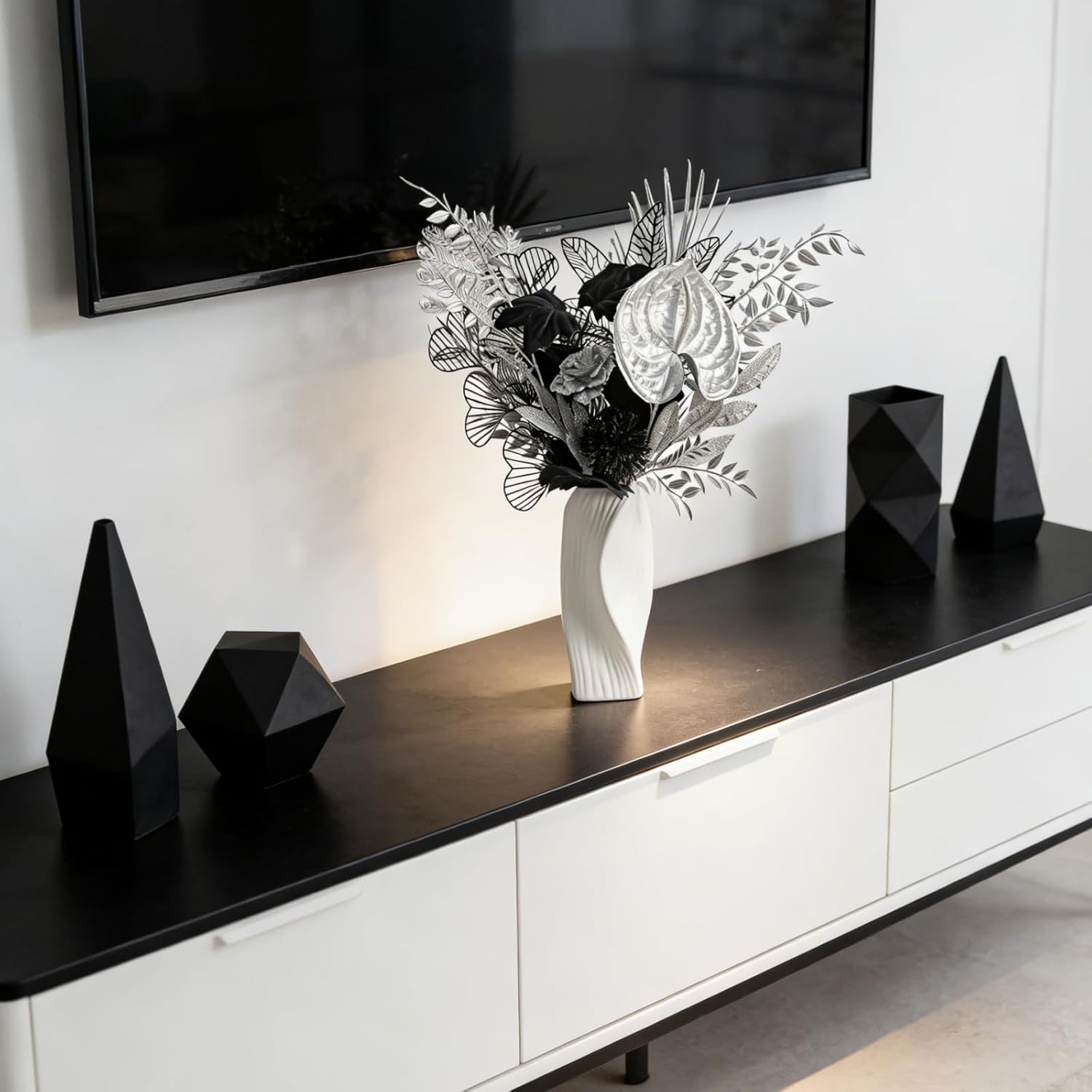 Modern Silver & Black Artificial Flower Bouquet - Metallic Faux Floral Arrangement For Home Decor, Bathroom/Table Centerpiece, Minimalist Decorative Fake Plants