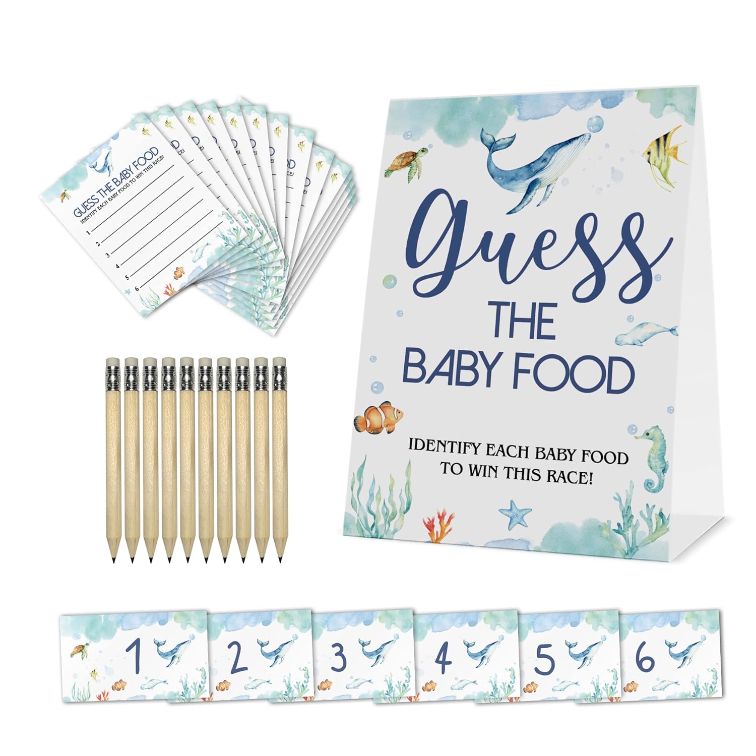Guess The Baby Food Party Games, Baby Shower Game Set (1 Standing Sign + 25 Answer Cards + 6 Number Cards+10Pens), Ocean Theme Baby Shower Decorate Neutral Greenery Boys And Girls Shower Games