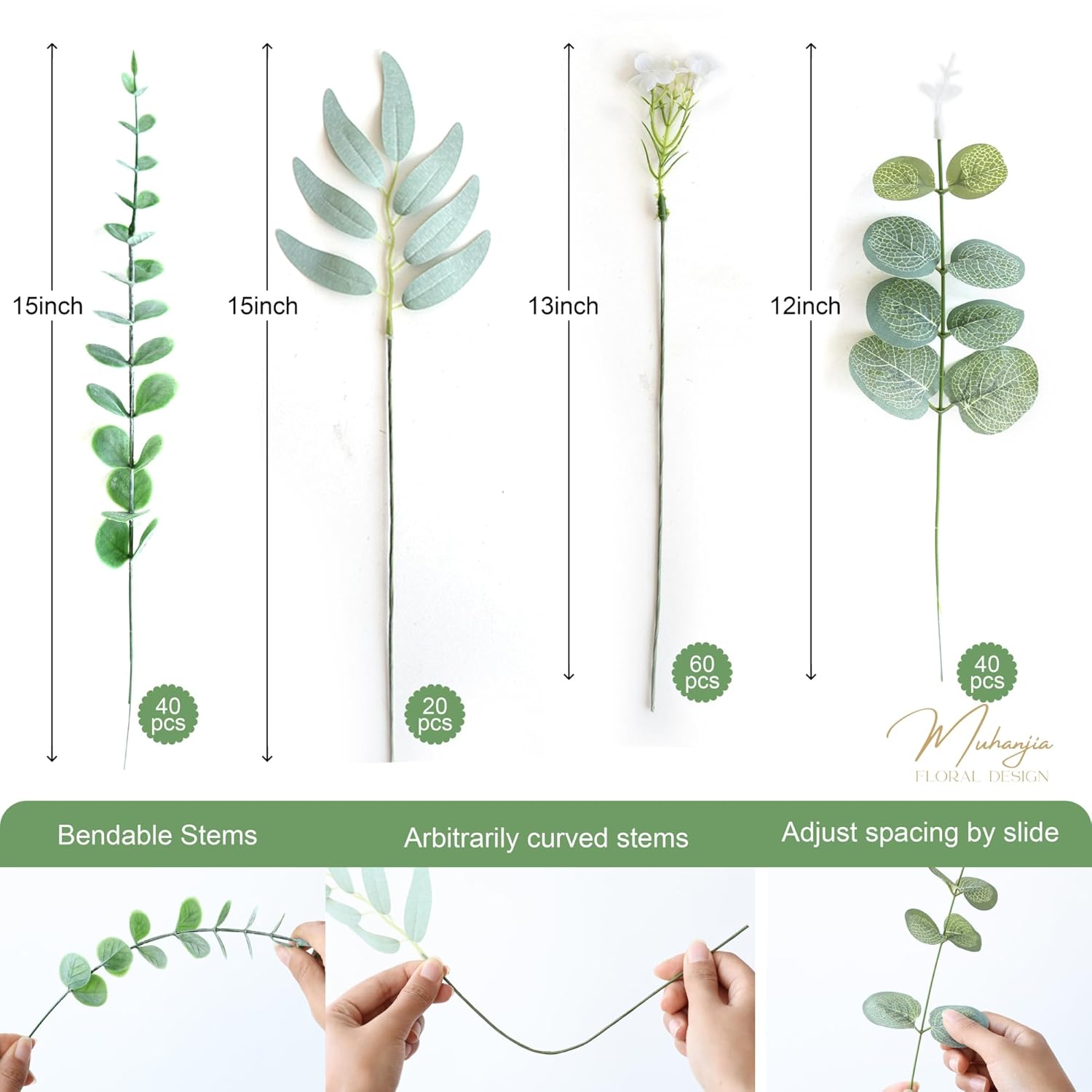 160Pcs Mixed Artificial Eucalyptus Stems And White Faux Flowers, Big Babys Breath And Eucalyptus Leaves Stems Bulk For Diy Wedding Bouquet Home Decor Floral Arrangement (Green 160Pcs)