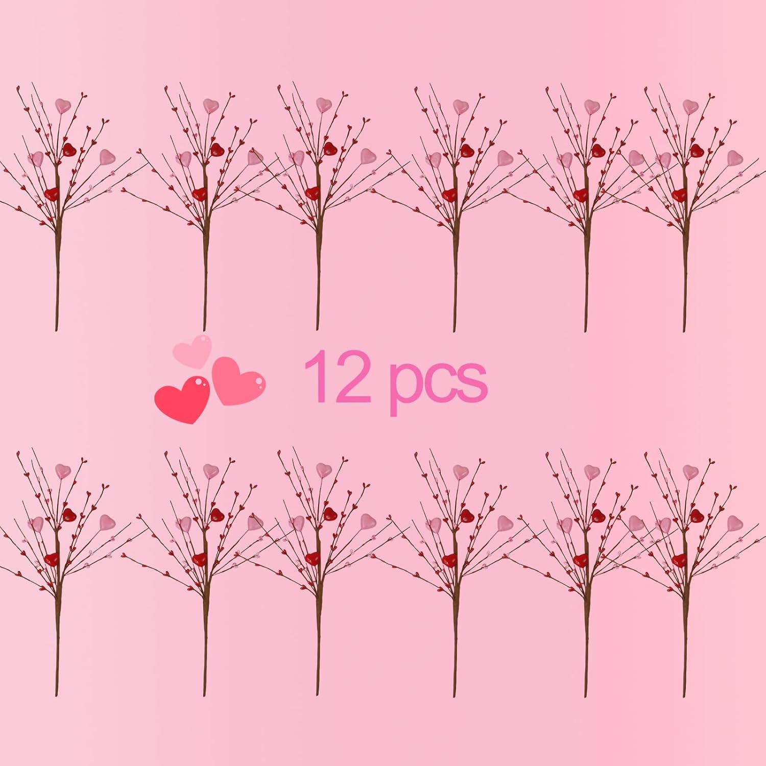 Valentine'S Day Picks, 12 Pieces Artificial Pink Heart Shaped Berry Branches, 17.7 Inch Valentine'S Day Heart Picks For Valentines Day Party, Wedding, Anniversary Table Decoration