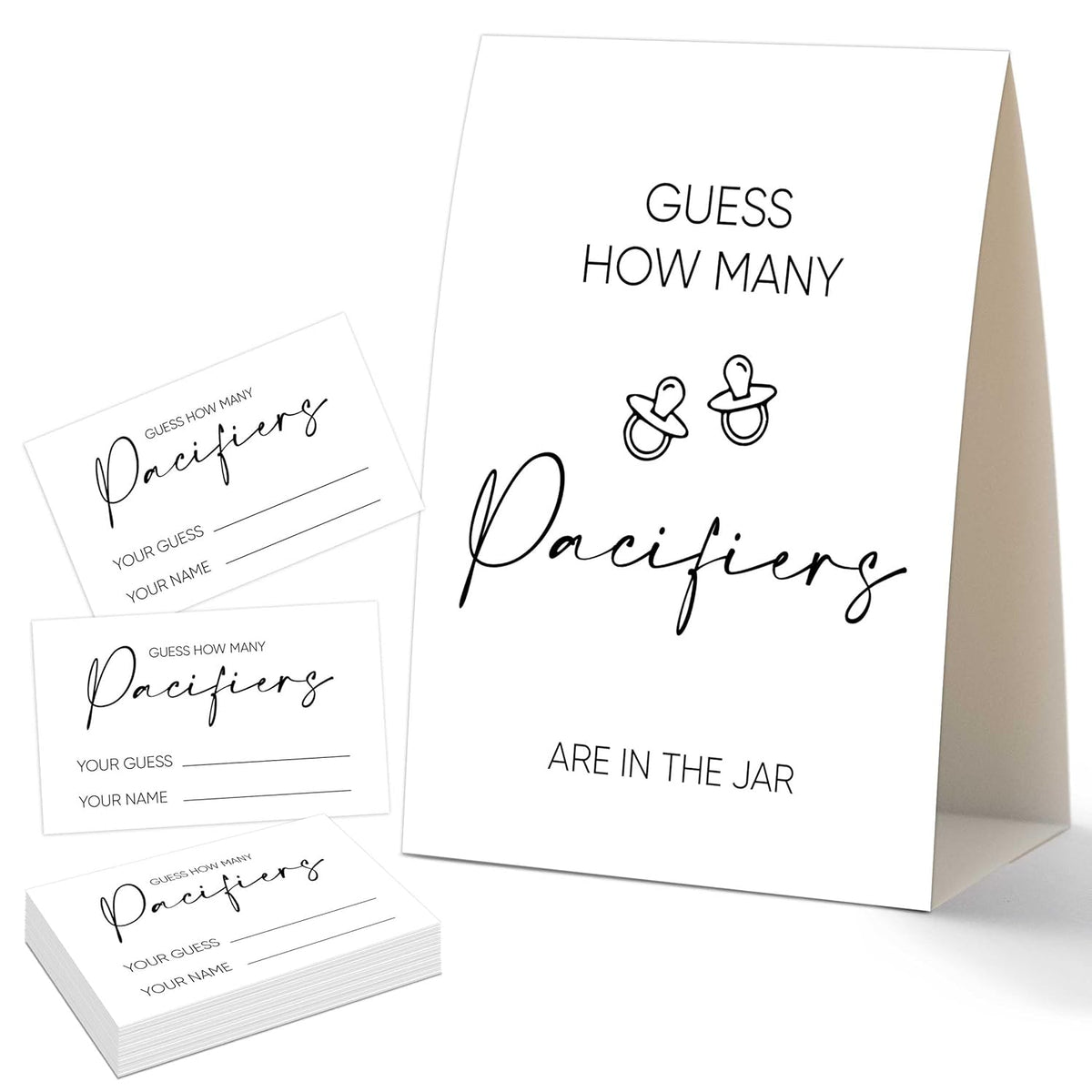 Guess How Many Pacifier Baby Shower Game, Baby Shower Decorations, 50 Guess How Many Game Cards & 1 Standing Sign, Guessing Games For Gender Reveal Party & More, 14