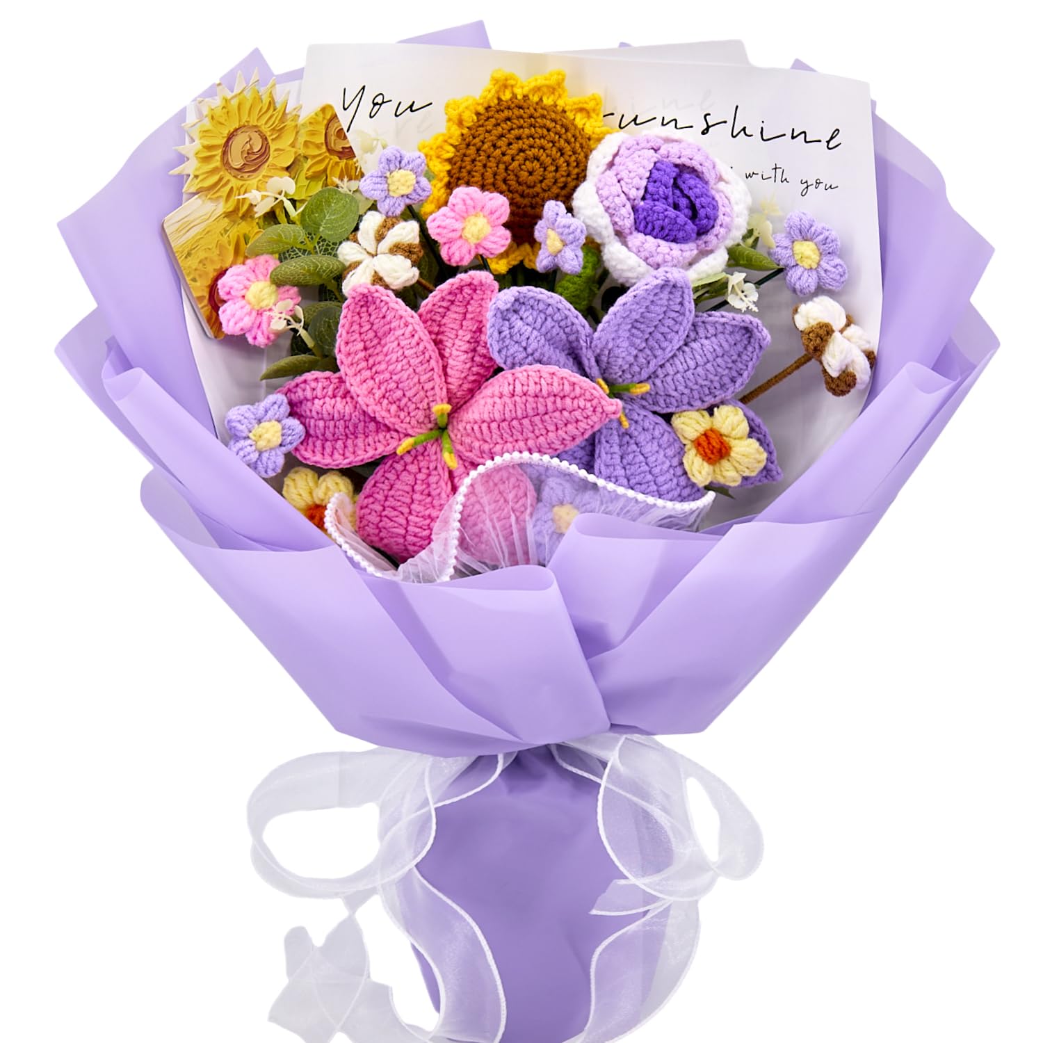 Crochet Flowers, Crochet Flower Bouquet With 14 Crochet Flowers Of Sunflower, Roses, Purple Lily Bouquet,Gifts For Birthday,Graduation,Thanksgiving,Get Well,Valentine'S Day(Include Card)