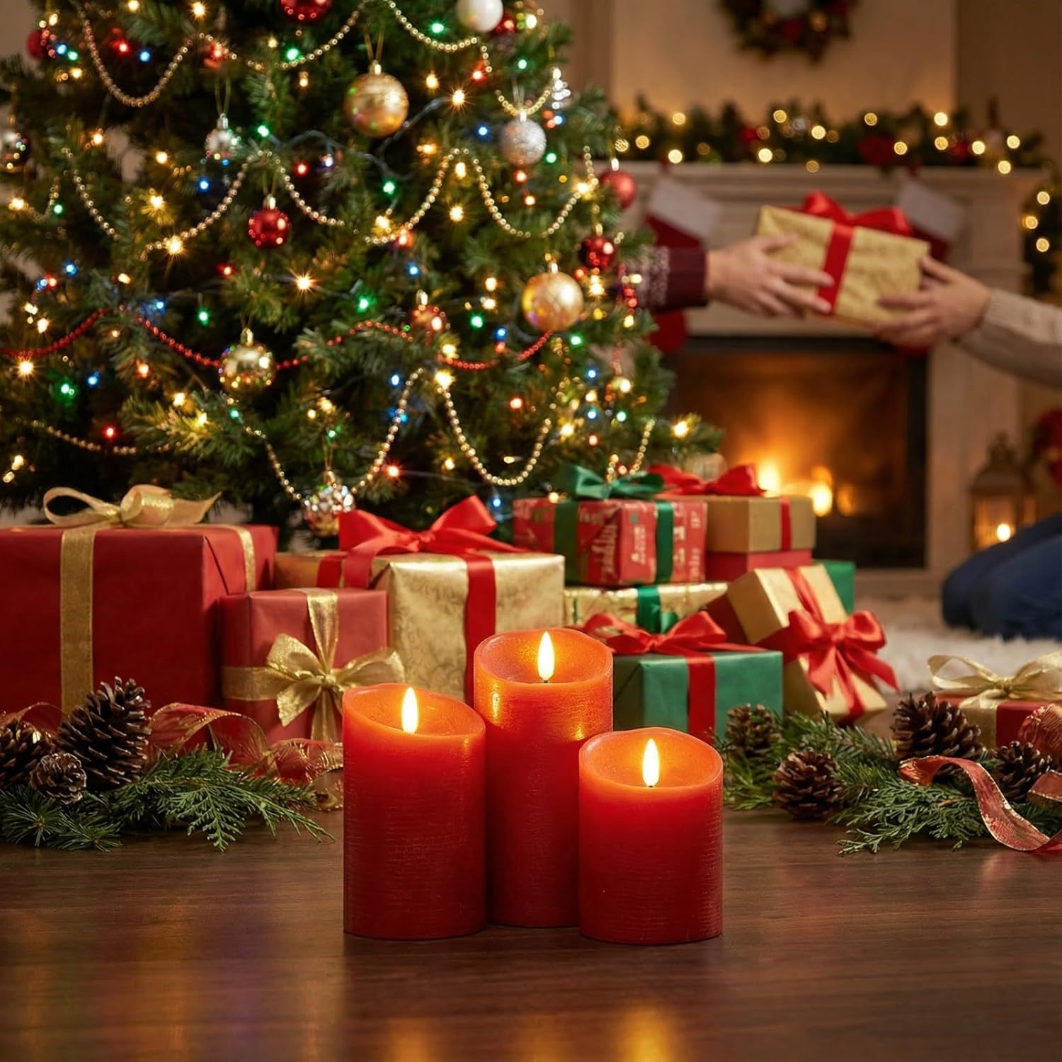 Red Flameless Candles With Remote, Real Wax Flickering Battery Operated Candles With Timer, Electric Led Fake Candles For Christmas Decorations Valentines Holiday Party Home Decor, Set Of 3