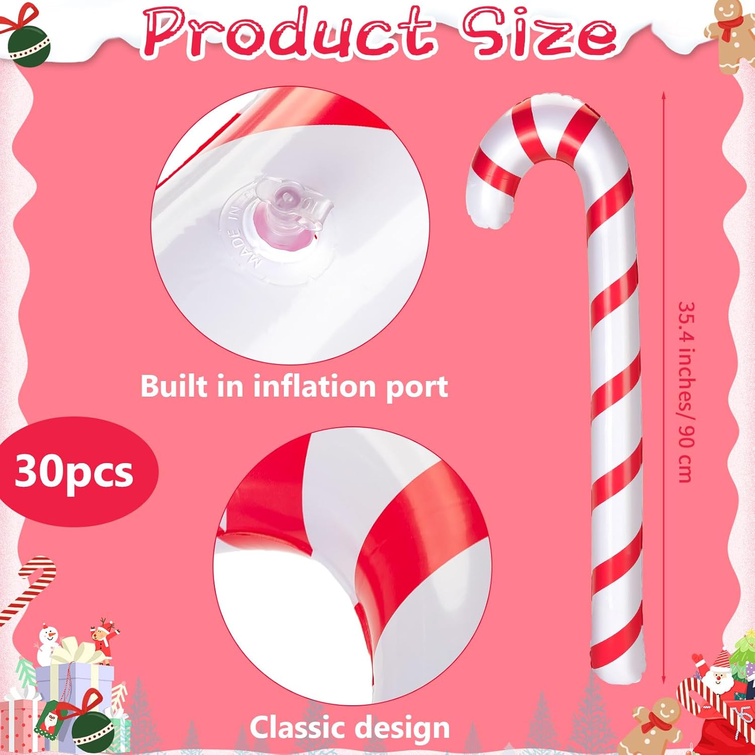 30 Pcs Inflatable Candy Canes For Christmas 35.4" Jumbo Candy Canes Balloons Xmas Tree Hanging Decor For Christmas Indoo