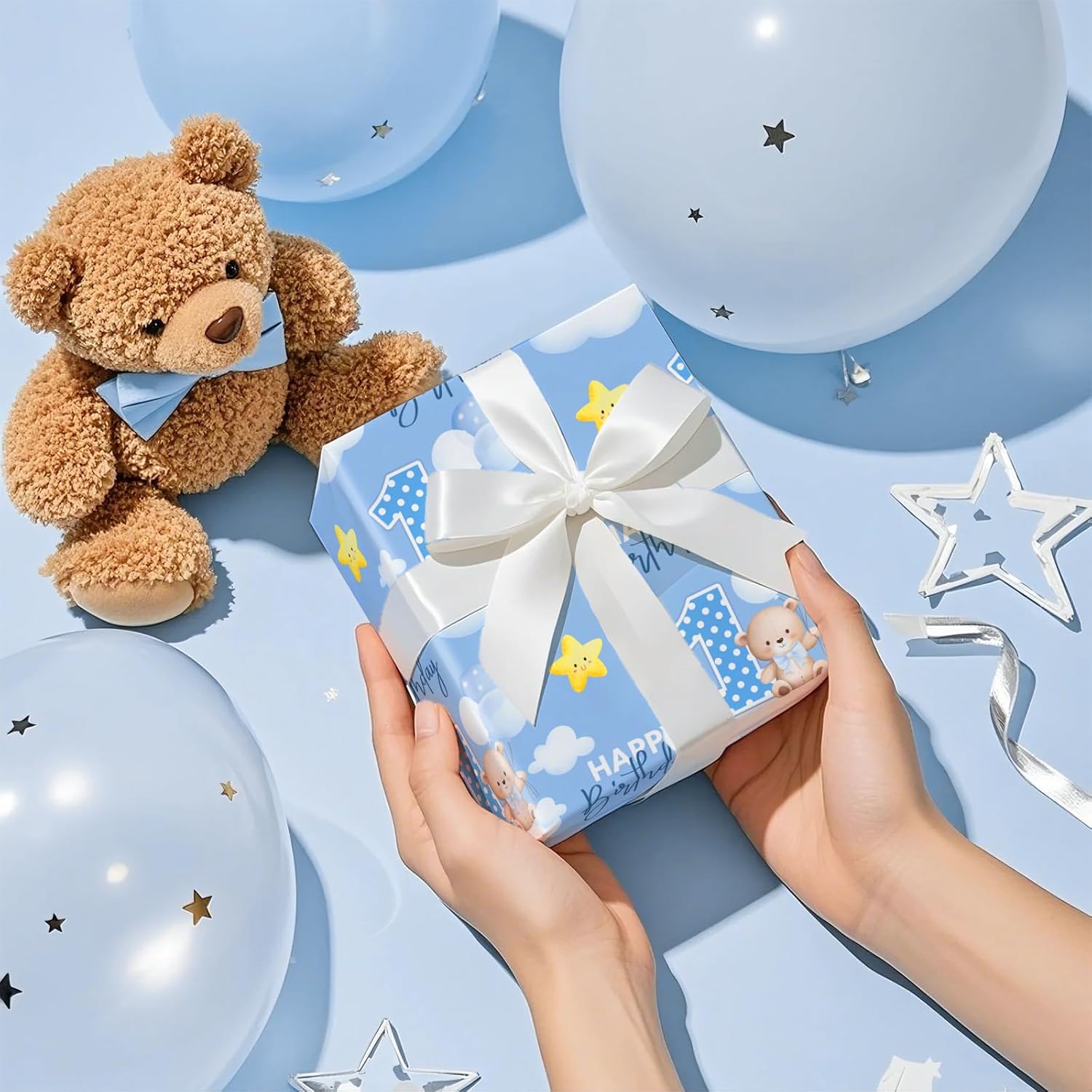1St Birthday Wrapping Paper Roll For Toddler Boy, Mini Roll, Blue Bear Clouds Balloons And Number 1 Gift Wrap Paper For First Birthday, Baby Shower Celebration, 17 Inches X 16.4 Feet