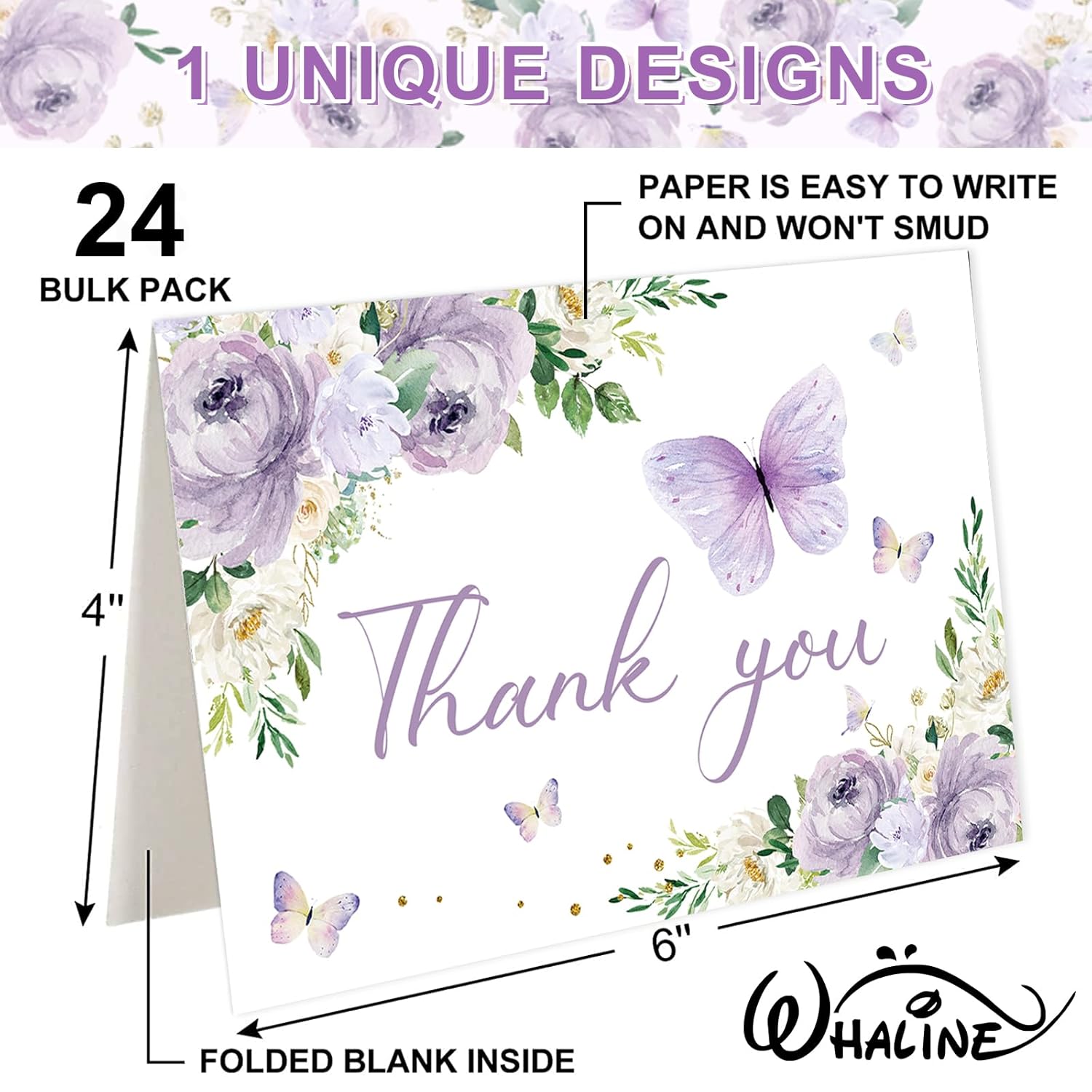 24Pcs Floral Butterfly Thank You Cards Purple Flower Greeting Cards With Envelope Stickers Spring Watercolor Blank Note Cards For Birthday Wedding Baby Shower Bridal Shower, 4 X 6 Inch
