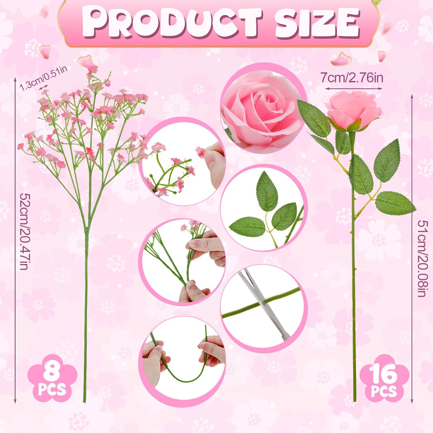 24 Pcs Artificial Flowers Bouquet 16 Pink Roses And 8 Baby Breath Gypsophila Fake Silk Floral Arrangements For Wedding Party Home Decor Centerpieces