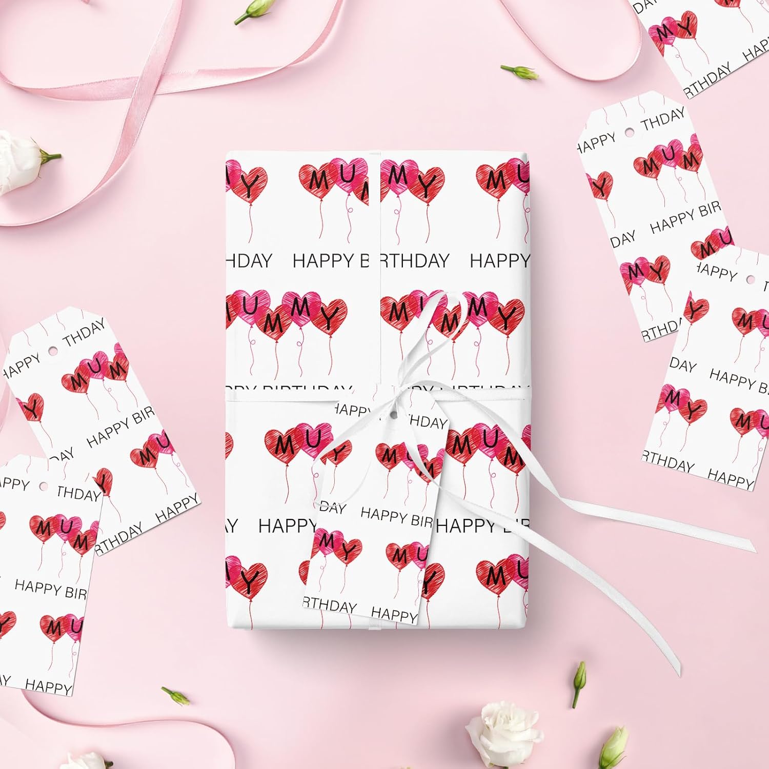 Mom'S Birthday Wrapping Paper Roll, Festive Balloon Hearts Happy Birthday Wrapping Paper For Mum Gift Wrap For Mom'S Birthday, Mother'S Day?For Women, Female, Mini Roll, 17 Inches X 16.4 Feet