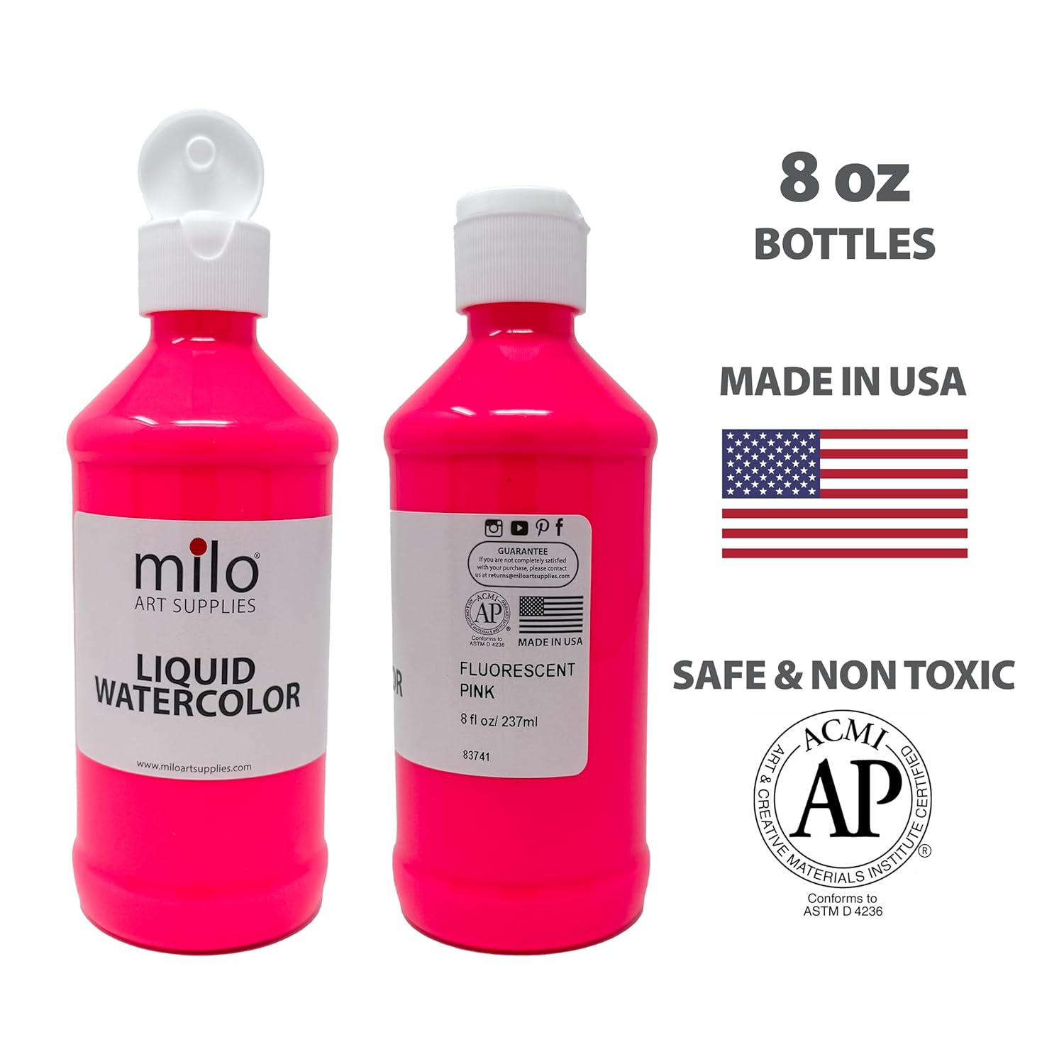 milo Fluorescent Liquid Watercolor Paint Set of 6 Colors | 8 oz Bottles | Neon, Washable, Safe and Non-Toxic | Made in the USA | Glows UV with Black Light | Water Color Arts & Crafts Paints