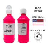 milo Fluorescent Liquid Watercolor Paint Set of 6 Colors | 8 oz Bottles | Neon, Washable, Safe and Non-Toxic | Made in the USA | Glows UV with Black Light | Water Color Arts & Crafts Paints