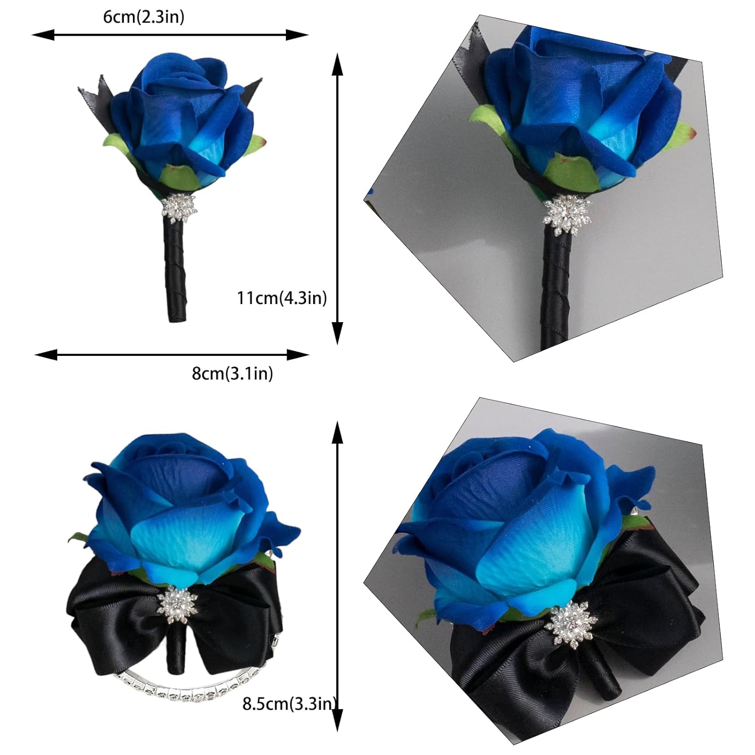 Corsage And Boutonniere Set Elegant Artificial Rose Flower Corsage Boutonniere For Men Prom Accessories,Wedding Brides Bridesmaids Groom Groomsmen, Homecoming, Formal Events (Blue)