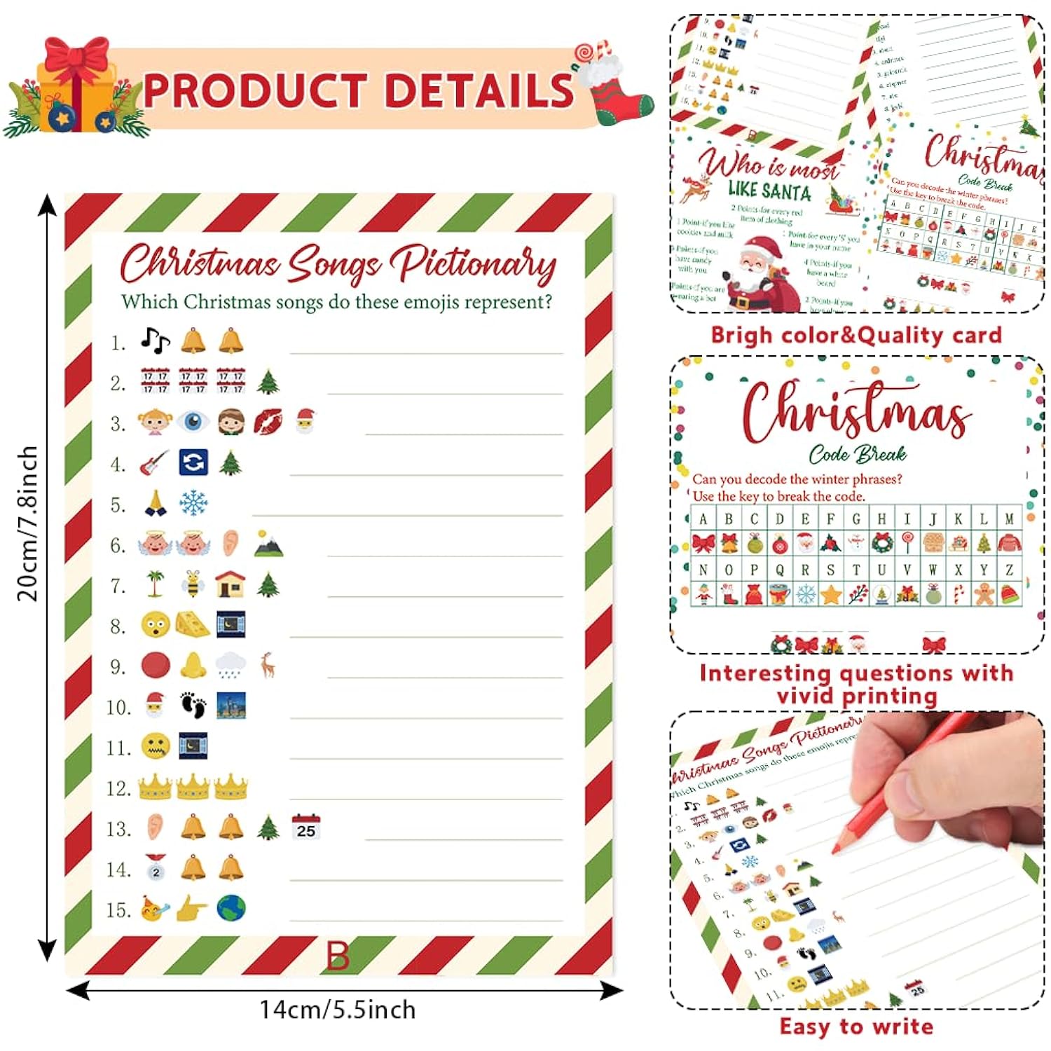 4 Christmas Party Games For Family Office? 25 Players Xmas Emoji Songs Pictionary & Word Scramble & Who Is Most Like Santa & Code Break Games With Answer Key For Large Groups Holiday Parties