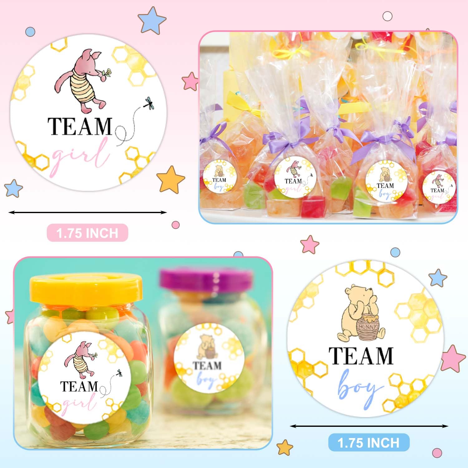 72Pcs Winnie Gender Reveal Decorations, Winnie Baby Shower Decoration, The Pooh Stickers, Team Boy Or Girl Stickers, Gender Reveal Games For Voting Game, Gender Reveal Party