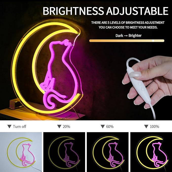 Moon Cats Neon Sign Dimmable Pink Yellow LED Wall Light for Bedroom Dorm Bar Room Decor