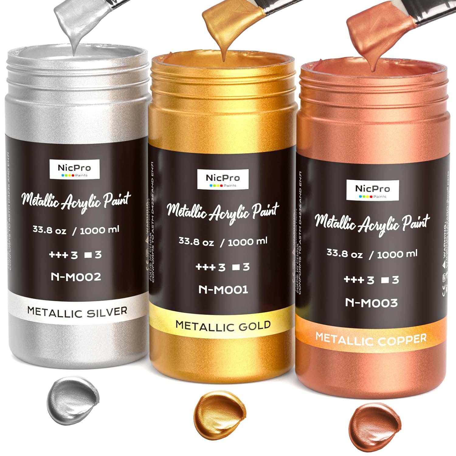 Large Acrylic Paint Metallic, 3 Colors Gold, Silver, Copper 101.4Oz/3000Ml Gold Leaf Paint, Non Toxic, Non Fading For Art Painting, Handcrafts, Multi-Surface, Canvas, Wood, Clay Metal Furniture