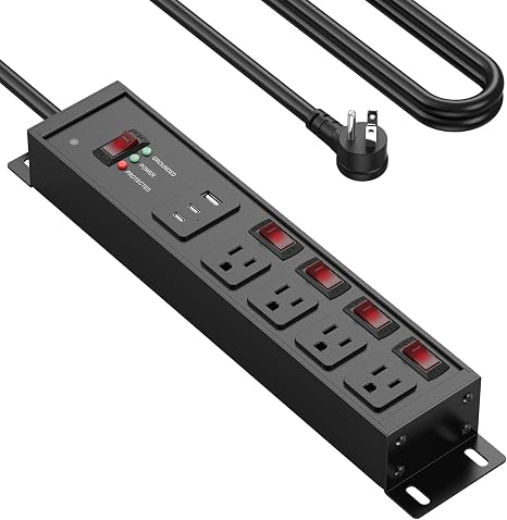 Heavy Duty 20A Metal Surge Protector Power Strip 4Ft Cord USB Switches