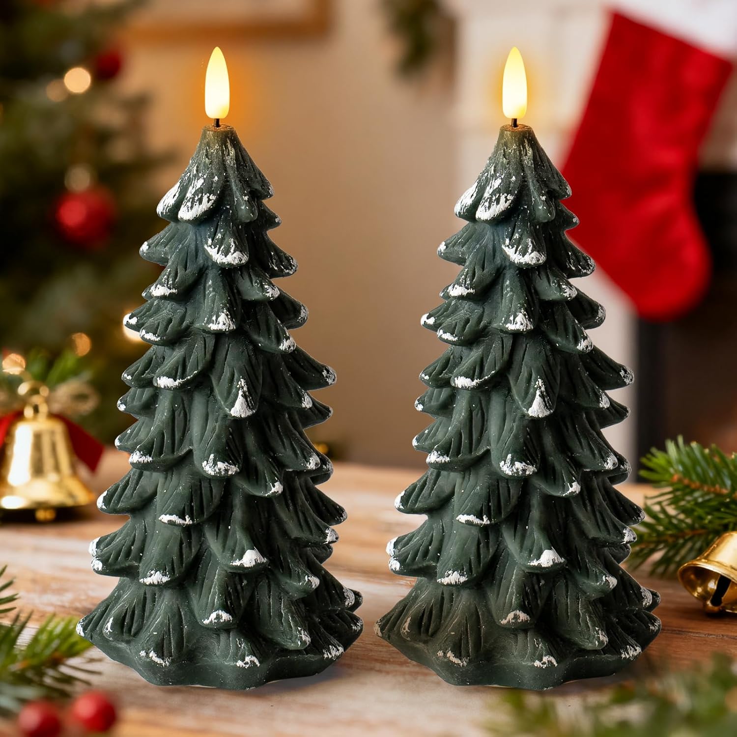 Green Christmas Tree Shaped Flickering Flameless Candles, Real Wax Battery Operated Led Candles With Timer For Holiday Home Party Decorations And Christmas Gifts, Set Of 2