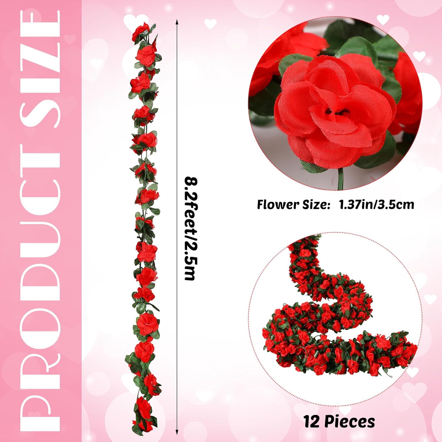 12 Pcs 100 Ft Flower Garland Artificial Rose Vine With Green Leaves Hanging Artificial Flower Vines Ivy Garlands Wall Garden Decor For Room Wedding Birthday Arch Decor(Red)