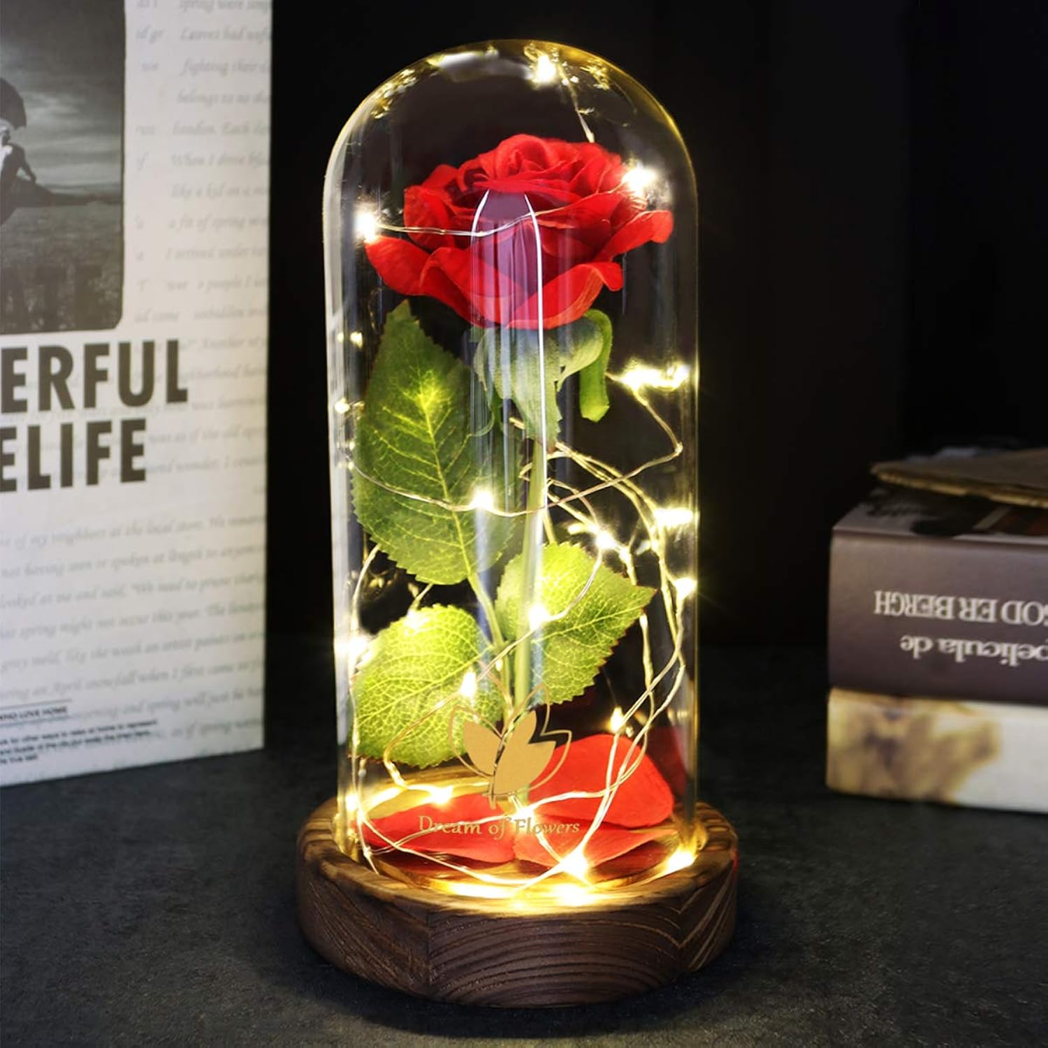 Beauty And The Beast Rose, Valentines Day Gifts For Her, Birthday Gifts For Women, Red Rose For Mom Grandma, Eternal Rose In Glass Dome With Led Lights, Valentine Flowers Gift For Wife, Or Girlfriend
