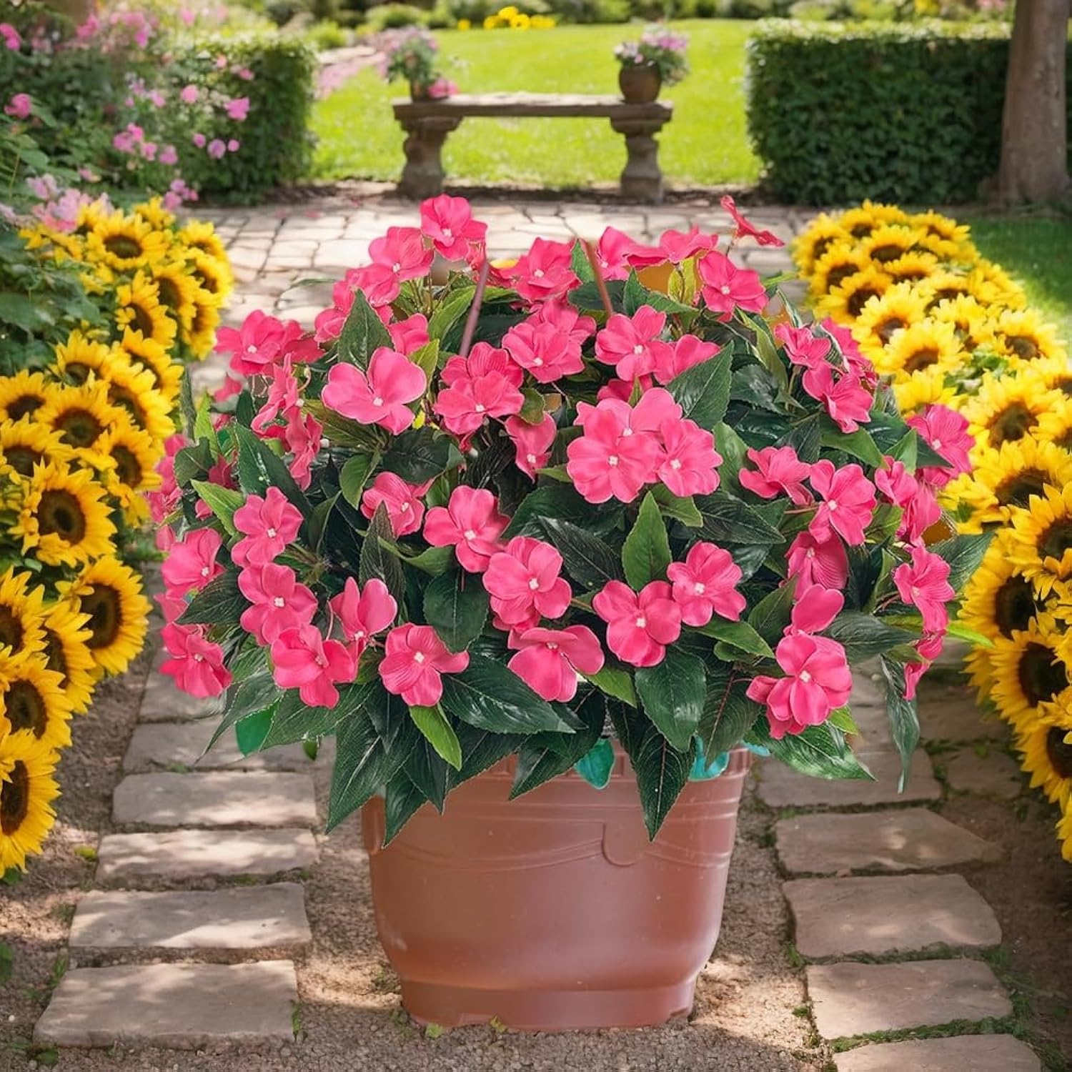 3Pcs Artificial Impatiens - Outdoor Faux Flowers For Planters, Silk Faux Outdoor Flowers For Patio Lawn Garden Pot Hanging Basket Porch Decoration (Rose Red)