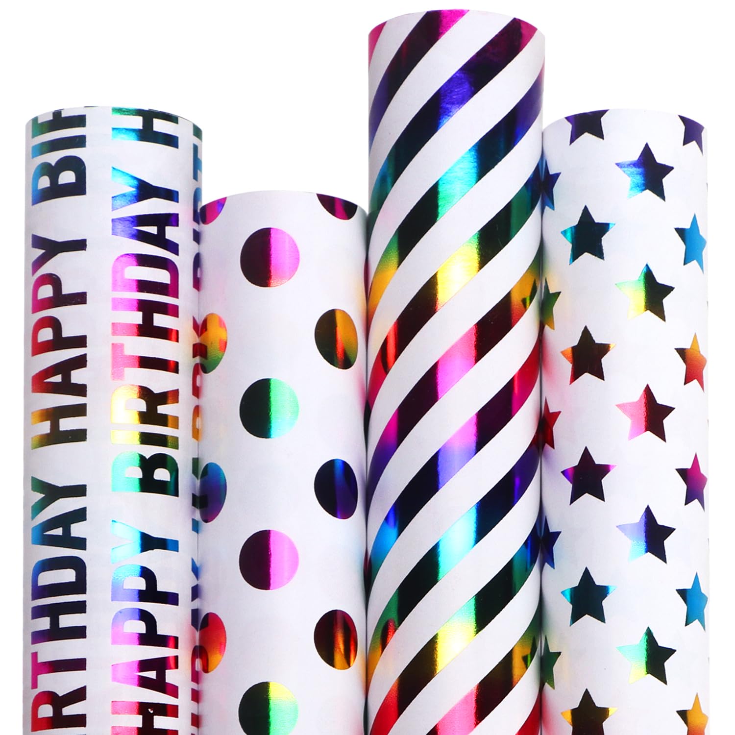 Birthday Wrapping Paper 30 Inch Iridescent Gift Wrapping Paper 4 Rolls Happy Birthday Polka Dots Stripes Stars Printed Assortment -120 Inch(10Feet) Per Roll
