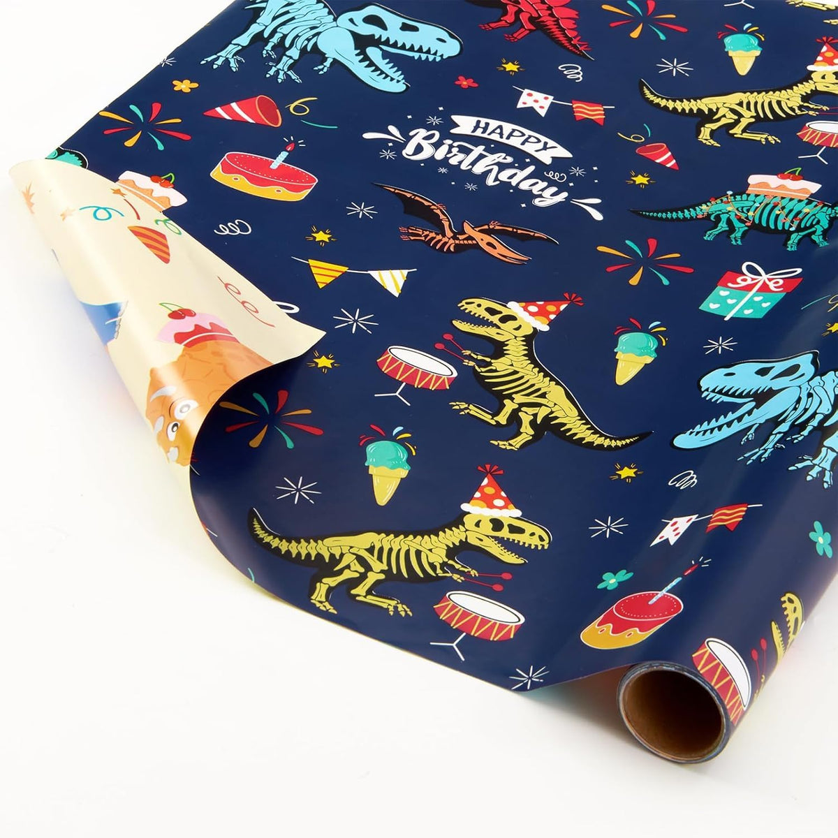 Dinosaur Reversible Wrapping Paper Roll - 1 Roll 17”X 9.84 Ft Happy Birthday Dinosaur Wrapping Paper For Boys Birthday Gift Packing Supply Baby Dino Decor Favor