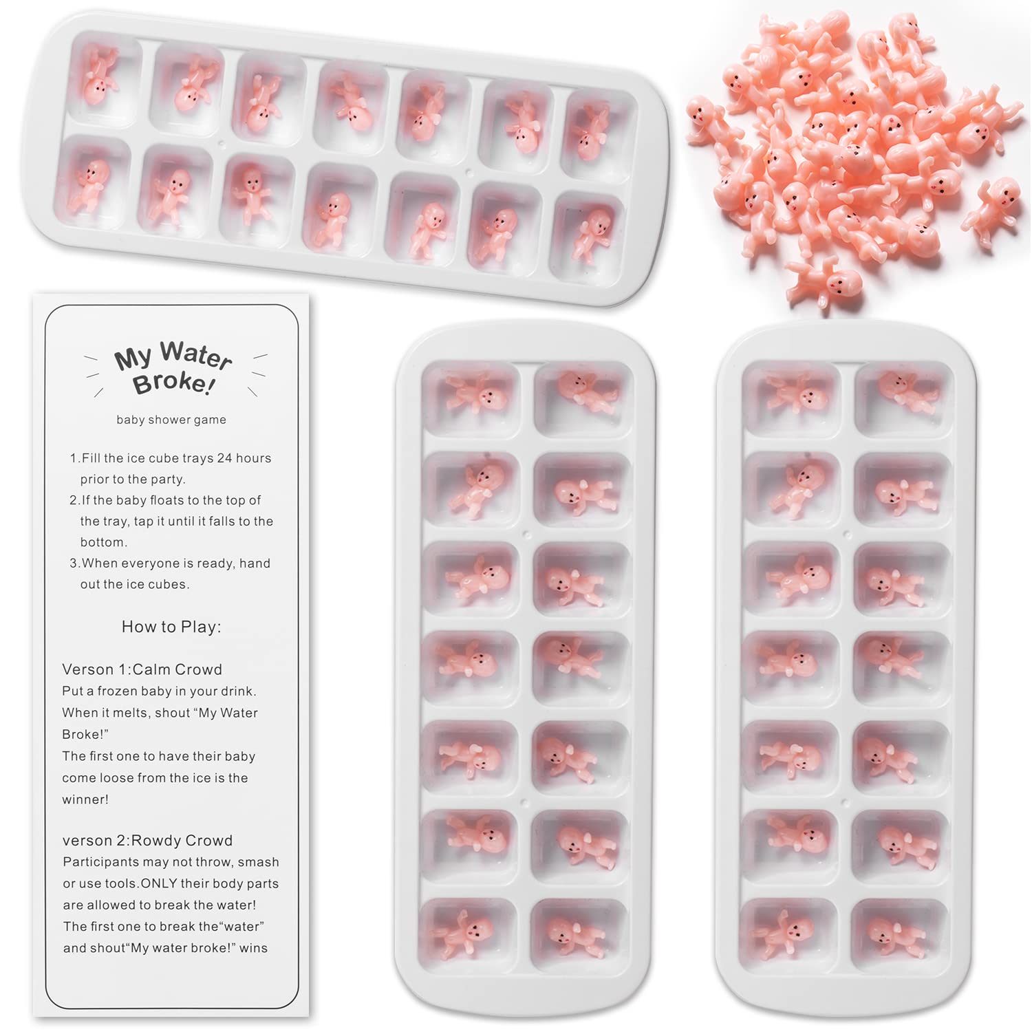 My Water Broke Baby Shower Game With 80 Mini Plastic Babies, 3 Ice Cube Trays And 1 Sign, Used For Ice Baby Shower Games, White