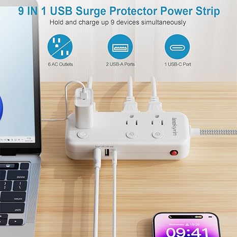 Power Strip 6 Outlets 3 USB 1 USB C Individual Switches 5 Ft Braided Cord