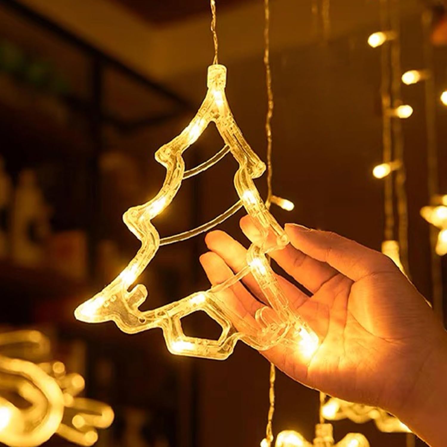 192 Led Christmas Curtain String Lights, 8.3 Ft Linkable Warm White Window Fairy Lights With 12 Christmas Tree & Snowfla