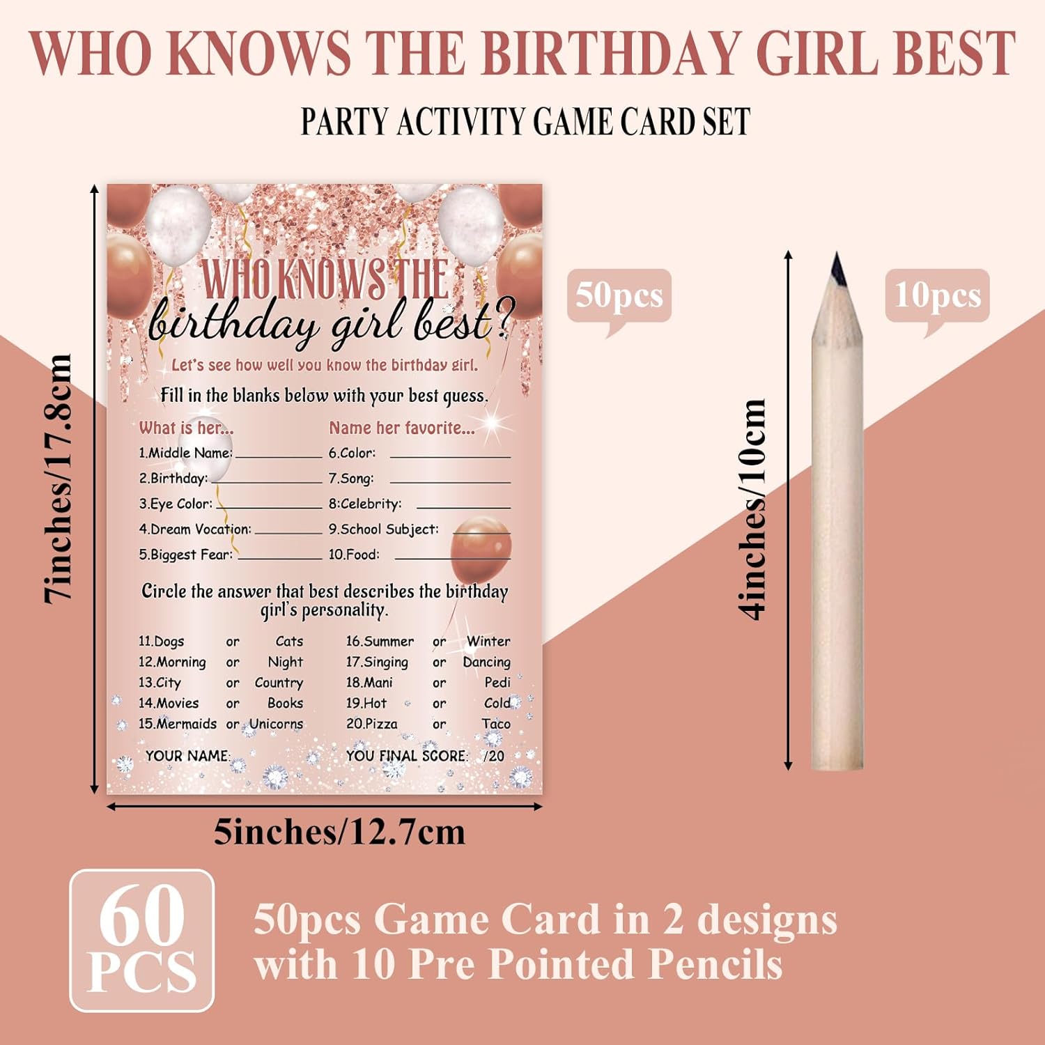 Who Knows The Birthday Girl Best Card Set - 50 Pcs Rose Gold Sprinkles Birthday Party Activity Game With 10 Pre Pointed Pencils For Teen Girls Sweet Sleepover Slumber Party