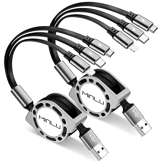 2 Pack Retractable 3 in 1 Multi Charging Cable 4FT 3A Fast Charger for iPhone Samsung USB C Micro USB