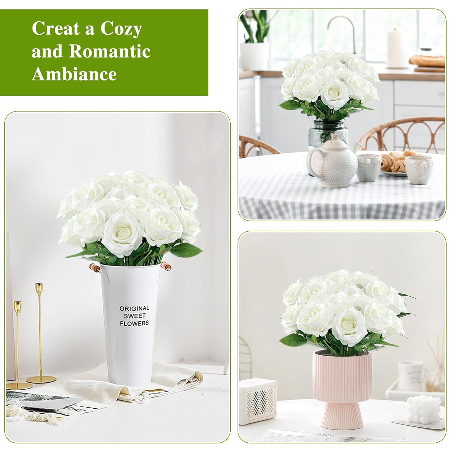 15Pcs Artificial White Roses, Artificial Silk Fake White Rose Flower With Single Long Stems, Realistic Forever Bouquet Flowers For Diy Arrangements Home Decor Office Garden Party Wedding Gifts