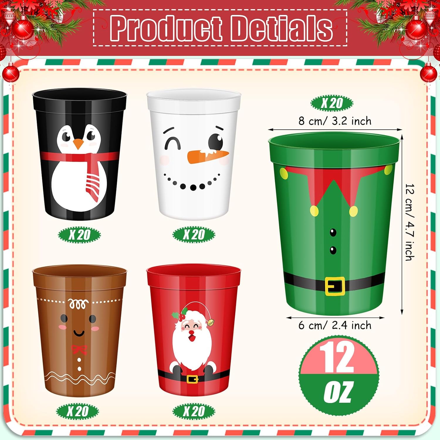 100 Pcs Plastic Christmas Cups 12 Oz Reusable Xmas Santa Elf Drinking Cups Disposables Christmas Coffee Mugs For Coffee Hot Chocolate Beer Ice Cream Party Supplies
