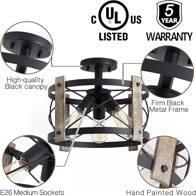 13 Inch Rustic Farmhouse Ceiling Light Matte Black 3 Light Flush Mount Fixture