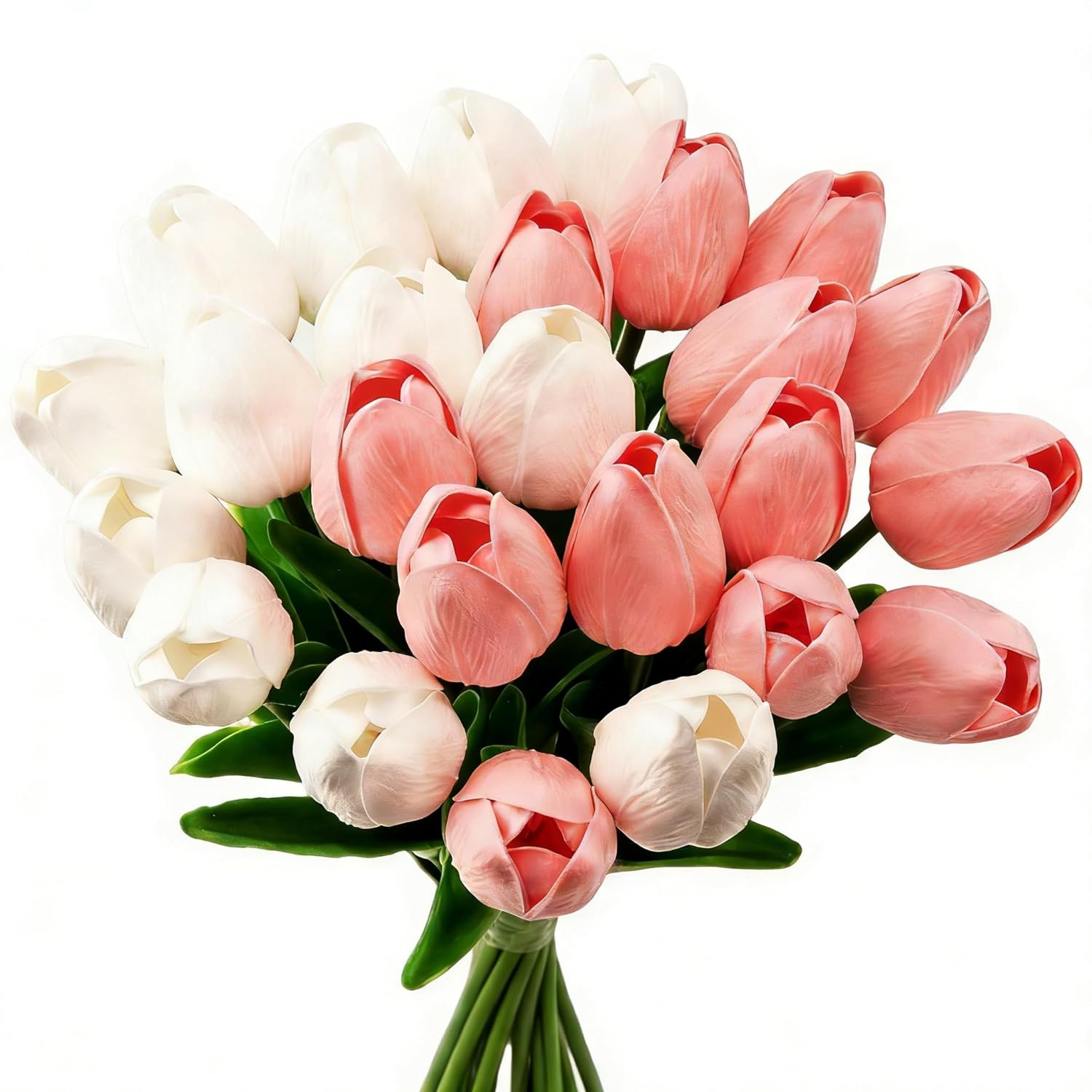 28 Pcs Artificial Tulips, 13.5 Inches Pu Faux Tulip Flowers For Spring Easter Celebration Mother’S Day Brunch Table Decor?White+Pink