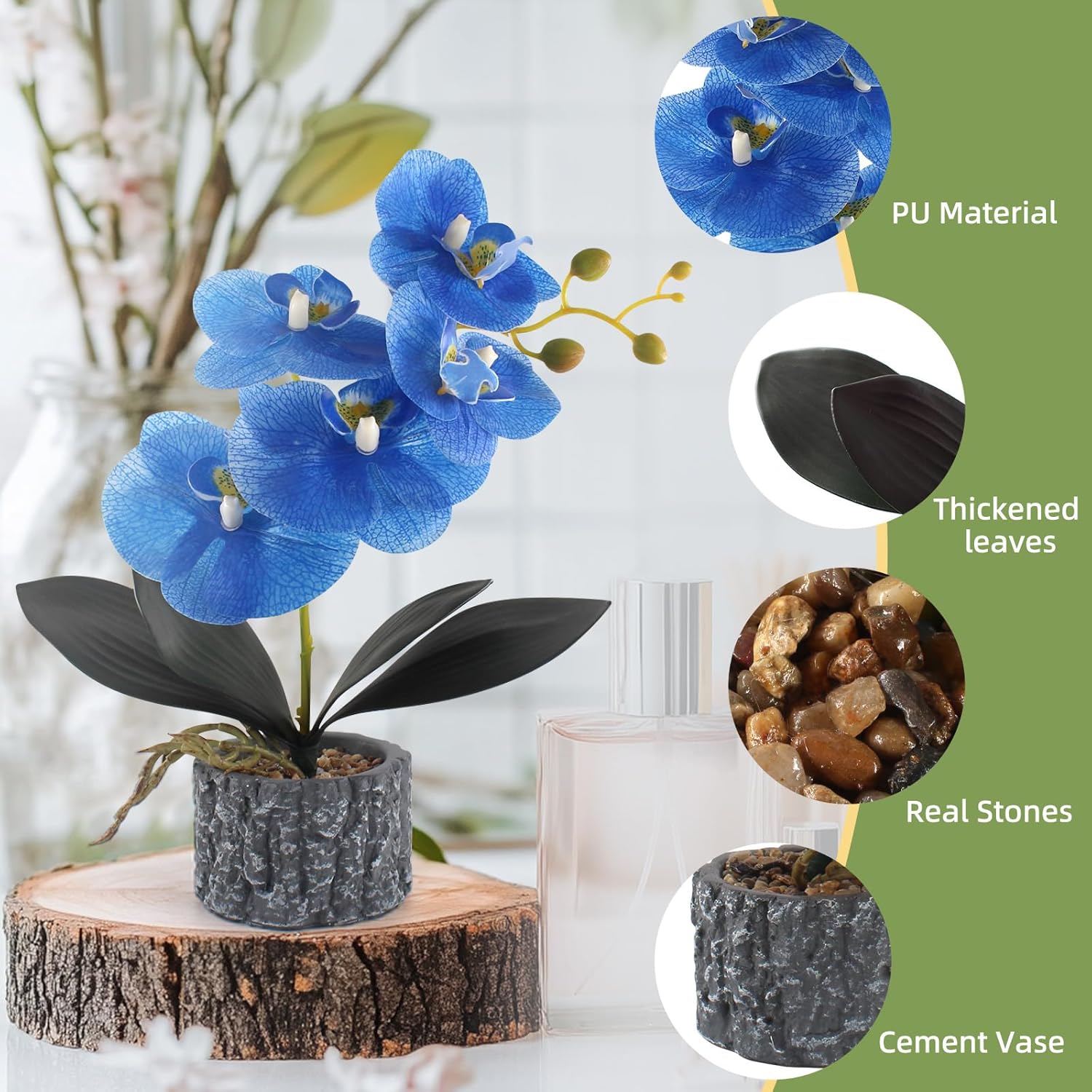 Artificial Orchid With Cement Vase Fake Phalaenopsis Flower Arrangement Faux Plants For Party Exhibition Center Home Decoration(Blue Tall 15")
