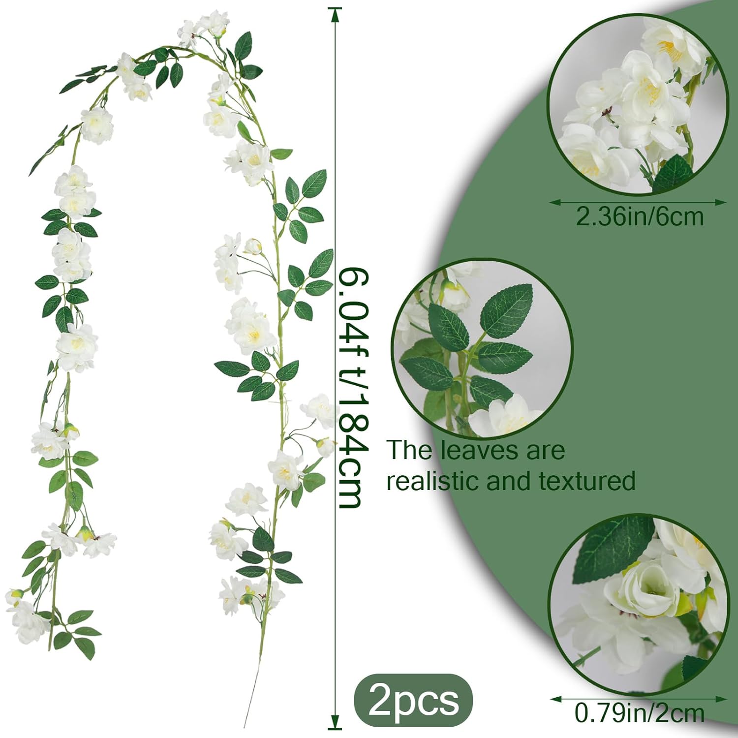 2 Pcs Artificial Flowers Garland For Outdoors White Faux Gardenia Garland 12Ft Silk Rose Hanging Vines Floral For Wedding Arch Party Wall Garden Ceremony Backdrop Fence Spring Decor