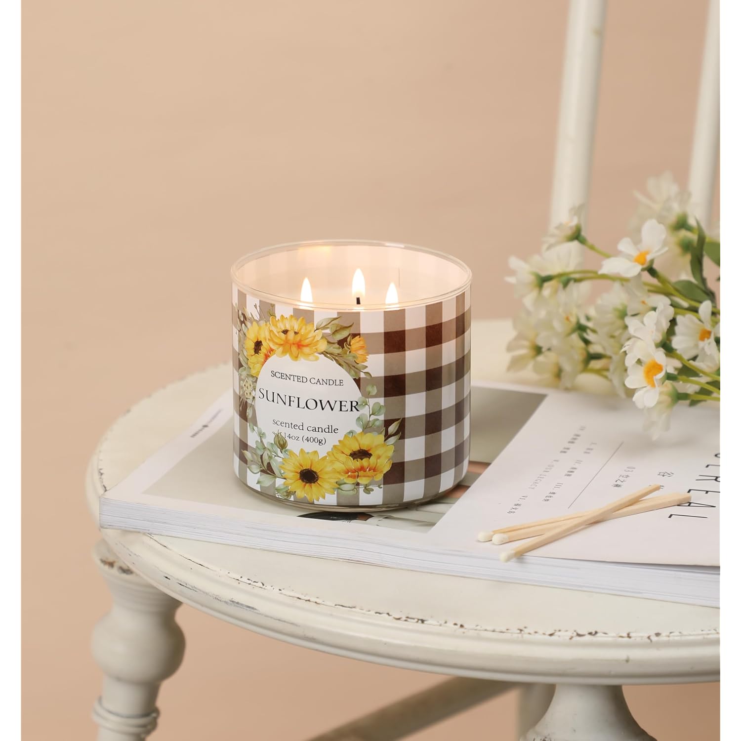 Sunflower Candle, Fall Candles, Sunflower Scented Candles Gift For Women, 3 Wicks Large Candle, 14 Oz