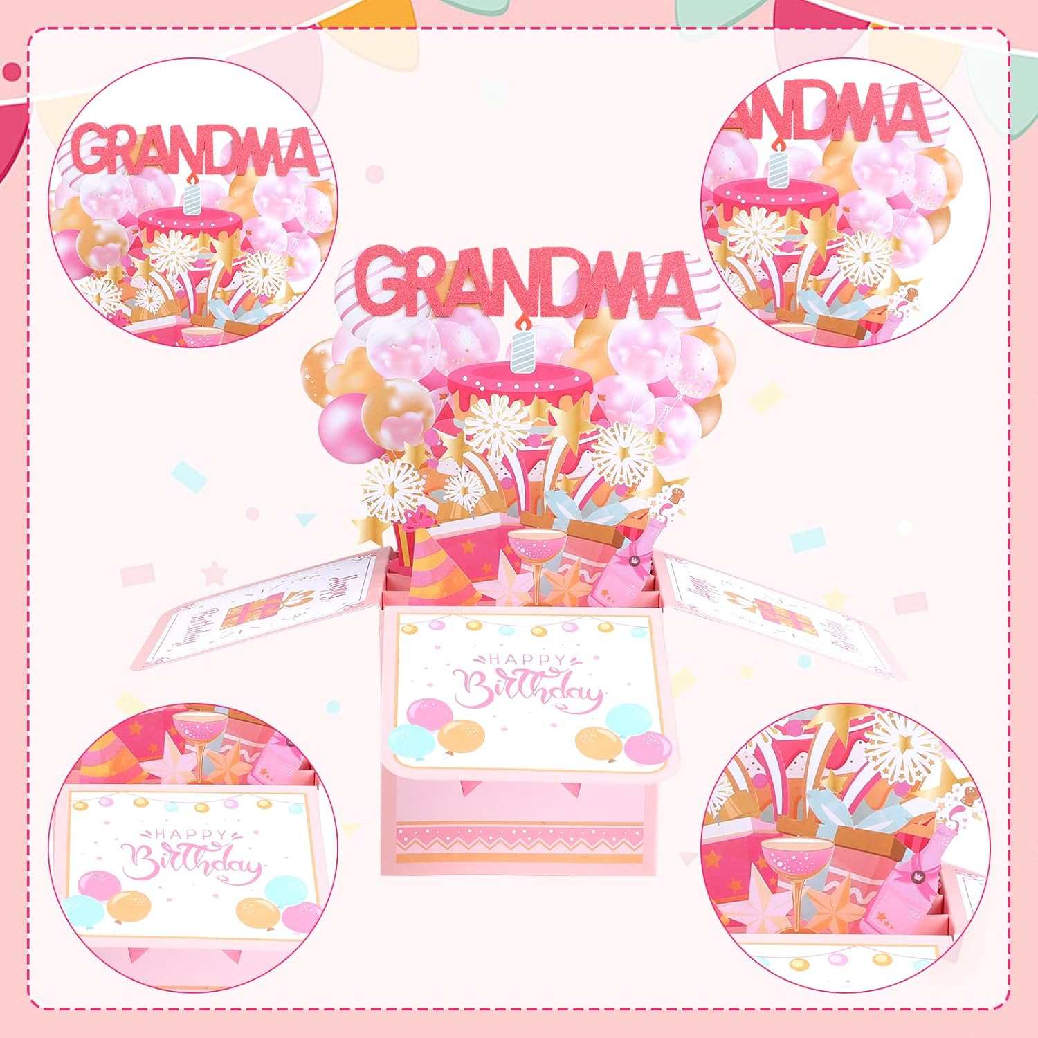 Happy Birthday Grandma Pop Up Card, Colorful Popup Mothers Day Birthday Card Balloons Fireworks Greeting Cards With Envelope Creative Gifts For Nana From Granddaughter Grandson