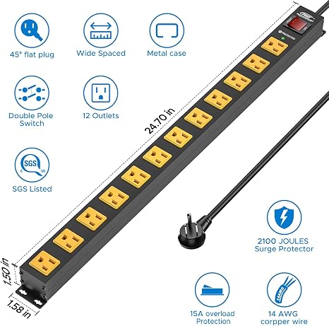 Heavy Duty 12 Outlet Metal Power Strip Surge Protector with 6FT Cord for Garage and Workshop