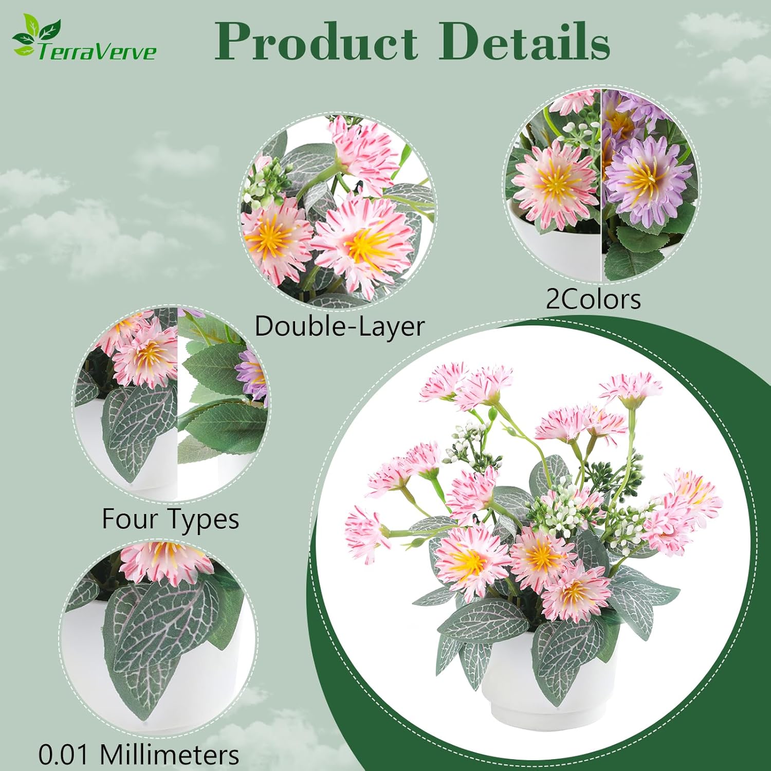 2-Piece Artificial Mums Set & Silk Flowers| Fake Flowers Indoor Planters For Living Room, Bedroom, Bathroom & Office Decor | Boho Style Artificial Plants & Flowers Decor