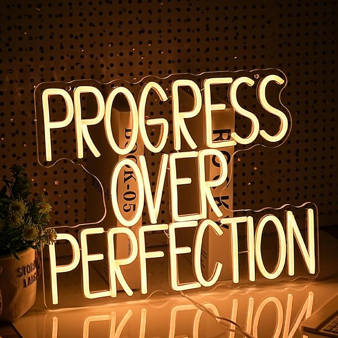 Progress Over Perfection Neon Sign Warm White USB Dimmable LED Wall Light for Classroom Bedroom Decor