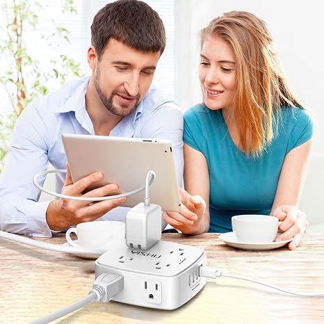 6FT Surge Protector Power Strip with 8 Outlets 4 USB Ports Flat Plug Wall Mount White