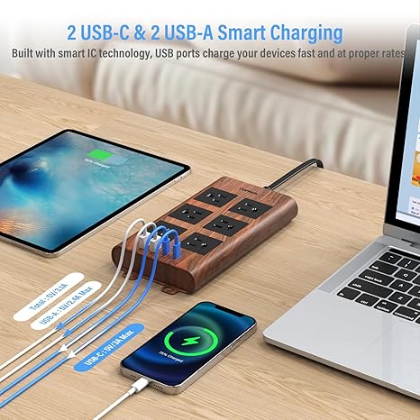 Surge Protector Power Strip 6 Outlets 4 USB Ports 2 USB C 6.5FT Flat Plug Extension Cord Wood Finish