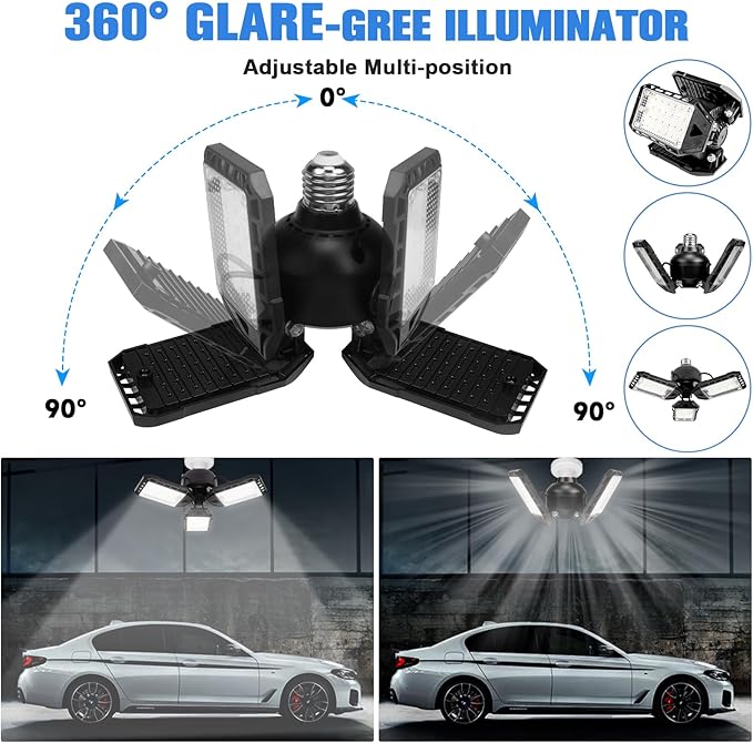 2 Pack LED Garage Lights 80W 8000LM 6500K Deformable Panel Ceiling Lights for Garage Shop Basement