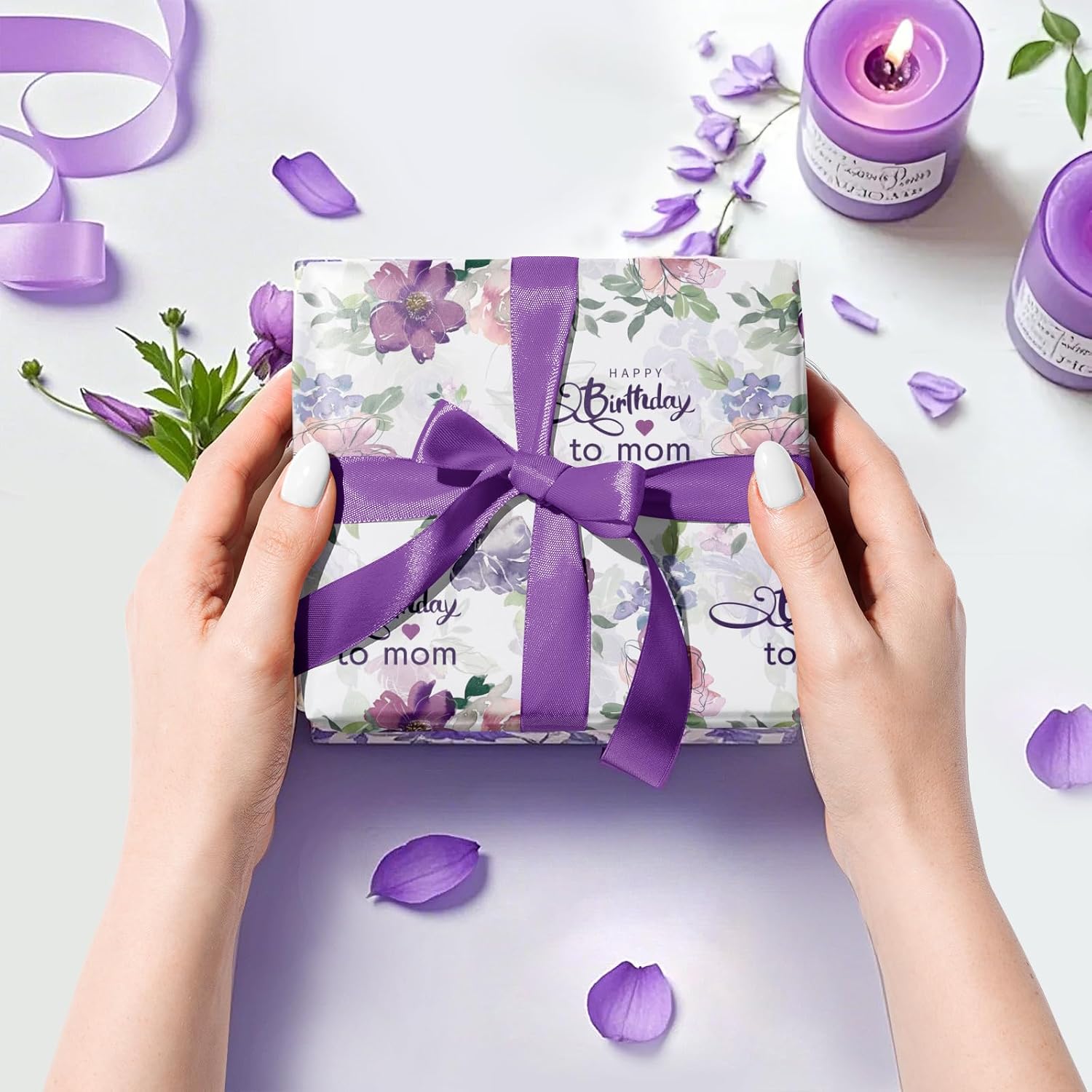 Birthday Wrapping Paper Roll For Mom - Mini Roll - 17 Inch X 16.5 Feet - Happy Birthday To Mom Lettering With Purple Flower Design
