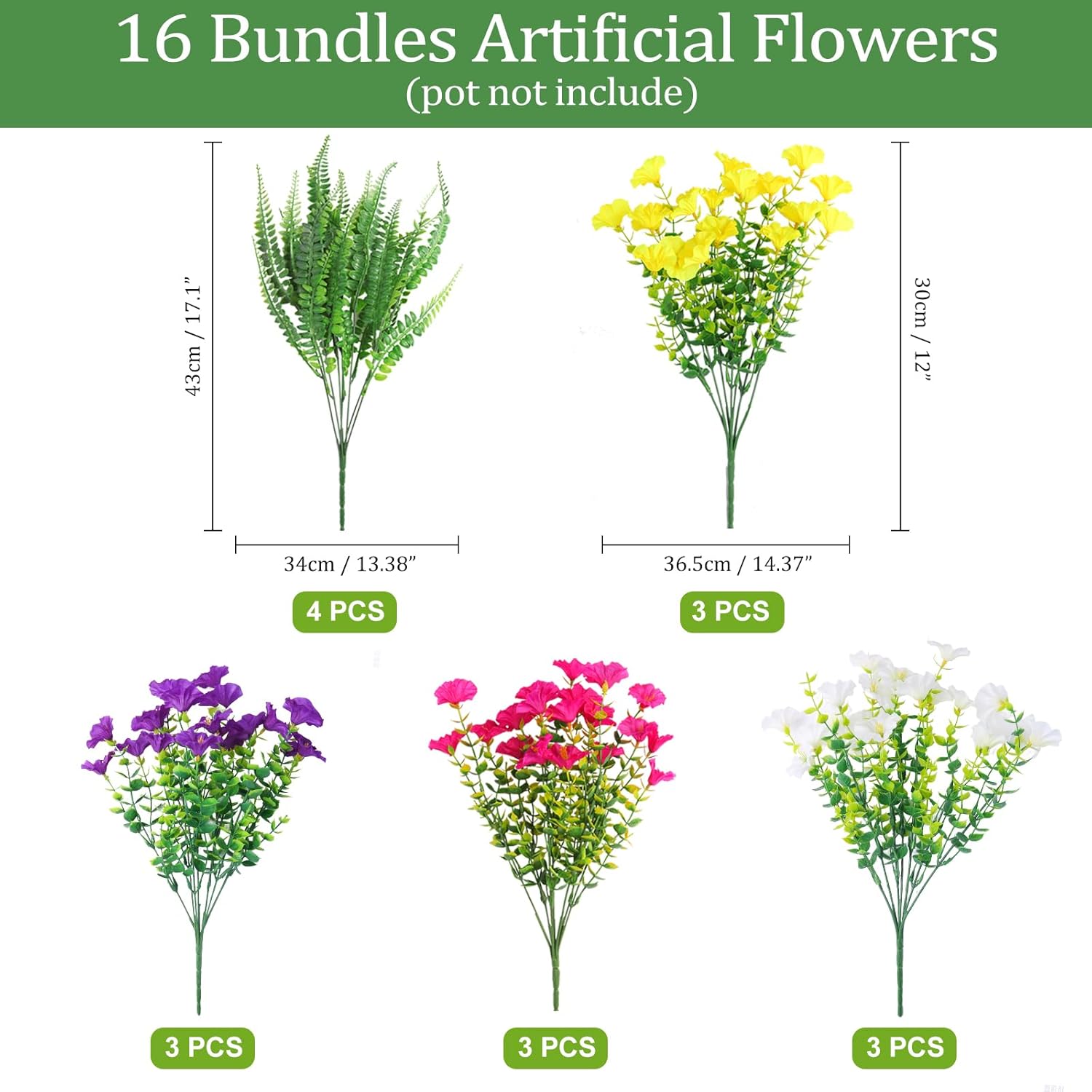 16 Bundles Outdoor Artificial Fake Flowers Uv Resistant No Fade Plastic Faux Morning Glory Silk Flowers Plants For Home Garden Porch Patio Window Box Hanging Décor (Mix White Purple Fuchsia Yellow)